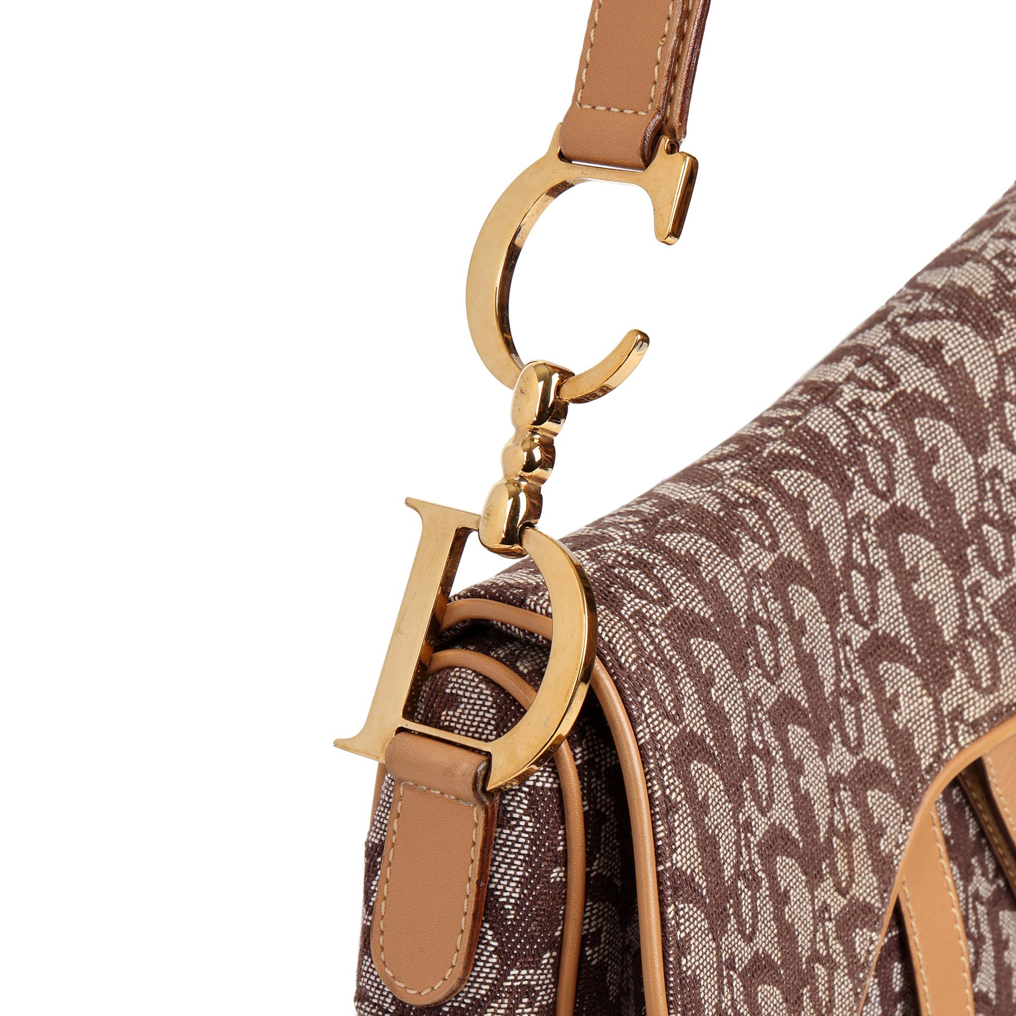 Women's or Men's CHRISTIAN DIOR Brown Monogram Canvas & Calfskin Leather Double Saddle Bag