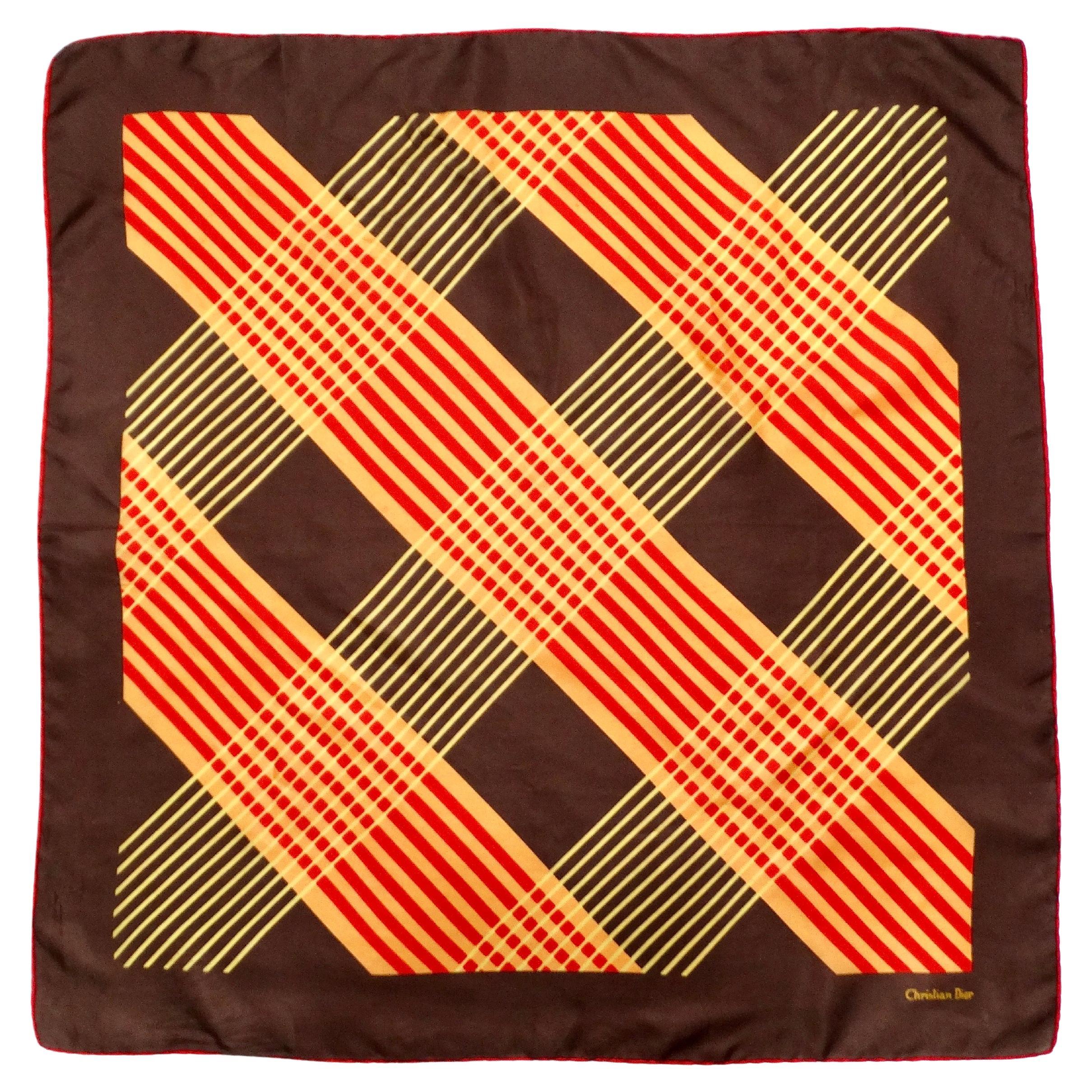 Christian Dior Brown Silk Plaid Print Scarf circa 1970s For Sale