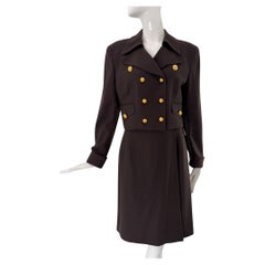 Christian Dior, giacca doppio petto in lana marrone e gonna a portafoglio anni '70 NWT