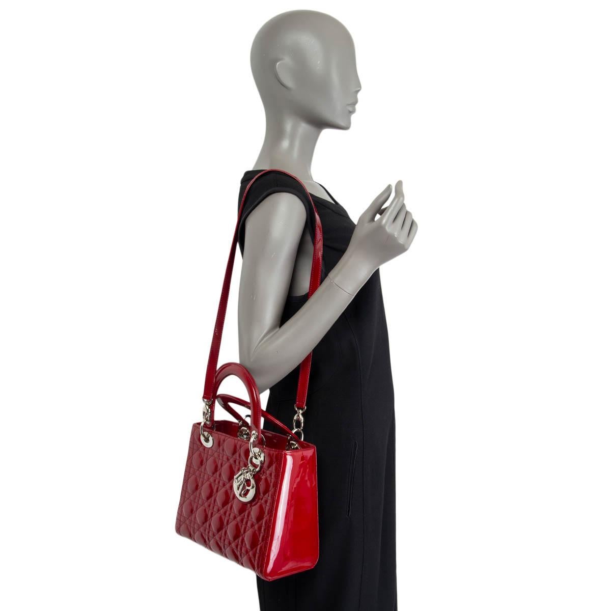 CHRISTIAN DIOR burgundy CANNAGE patent leather LADY DIOR MEDIUM TOTE Bag For Sale 2