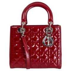 Used CHRISTIAN DIOR burgundy CANNAGE patent leather LADY DIOR MEDIUM TOTE Bag