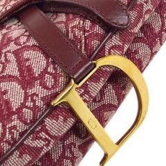 CHRISTIAN DIOR Burgundy Canvas Logo Leather Trim Gold Shoulder Saddle Bag