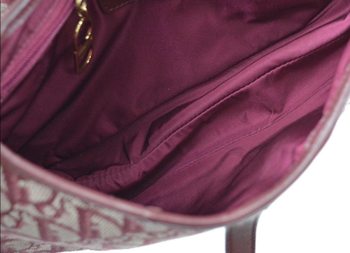 Brown CHRISTIAN DIOR Burgundy Canvas Logo Leather Trim Gold Shoulder Saddle Bag For Sale