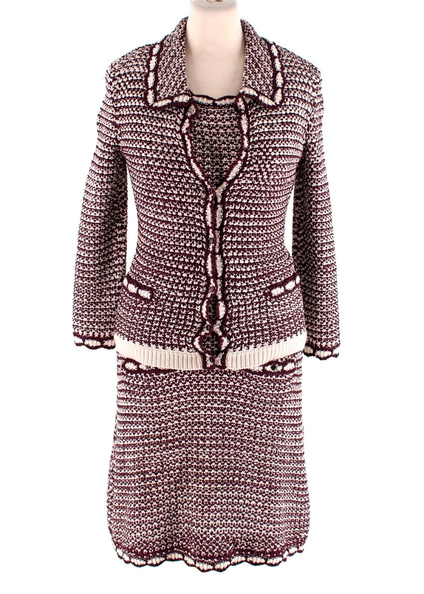 Christian Dior Burgundy & Ivory Silk-Blend Crochet Dress & Jacket Set

- Elegant silk yarn crochet knit shift dress and jacket set, with a 60's inspired cut
- Deep burgundy and cream tones are woven together to create a multidimensional knit,