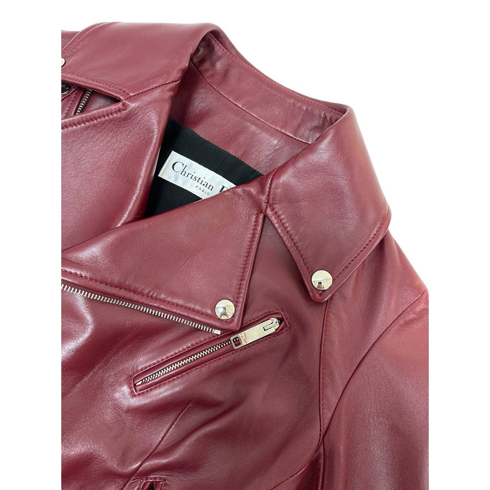 Christian Dior Burgundy Leder Biker Jacke Sz.38 im Angebot 1