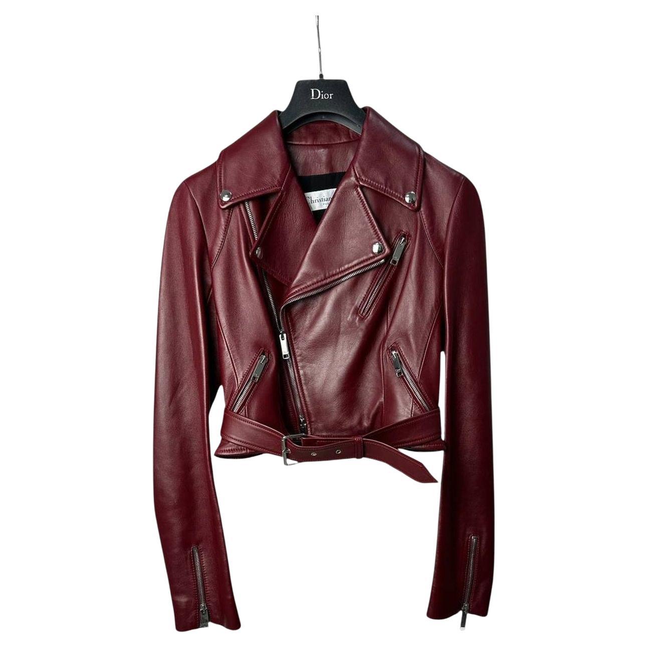Christian Dior Burgundy Leder Biker Jacke Sz.38 im Angebot