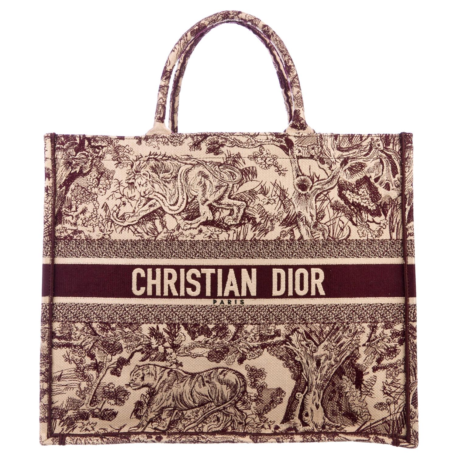 Christian Dior Burgundy Tan Canvas Carryall Travel Shoulder Tote Bag 