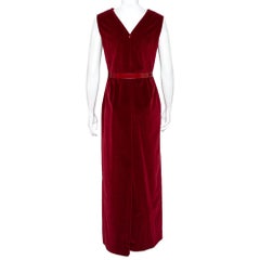 Christian Dior Burgundy Velvet Slit Detail Belted Maxi Dress M