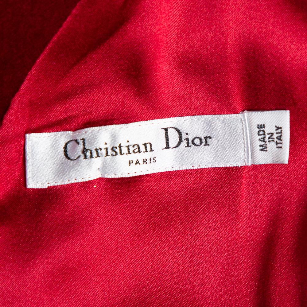 Red Christian Dior Burgundy Velvet Slit Detail Belted Maxi Dress M