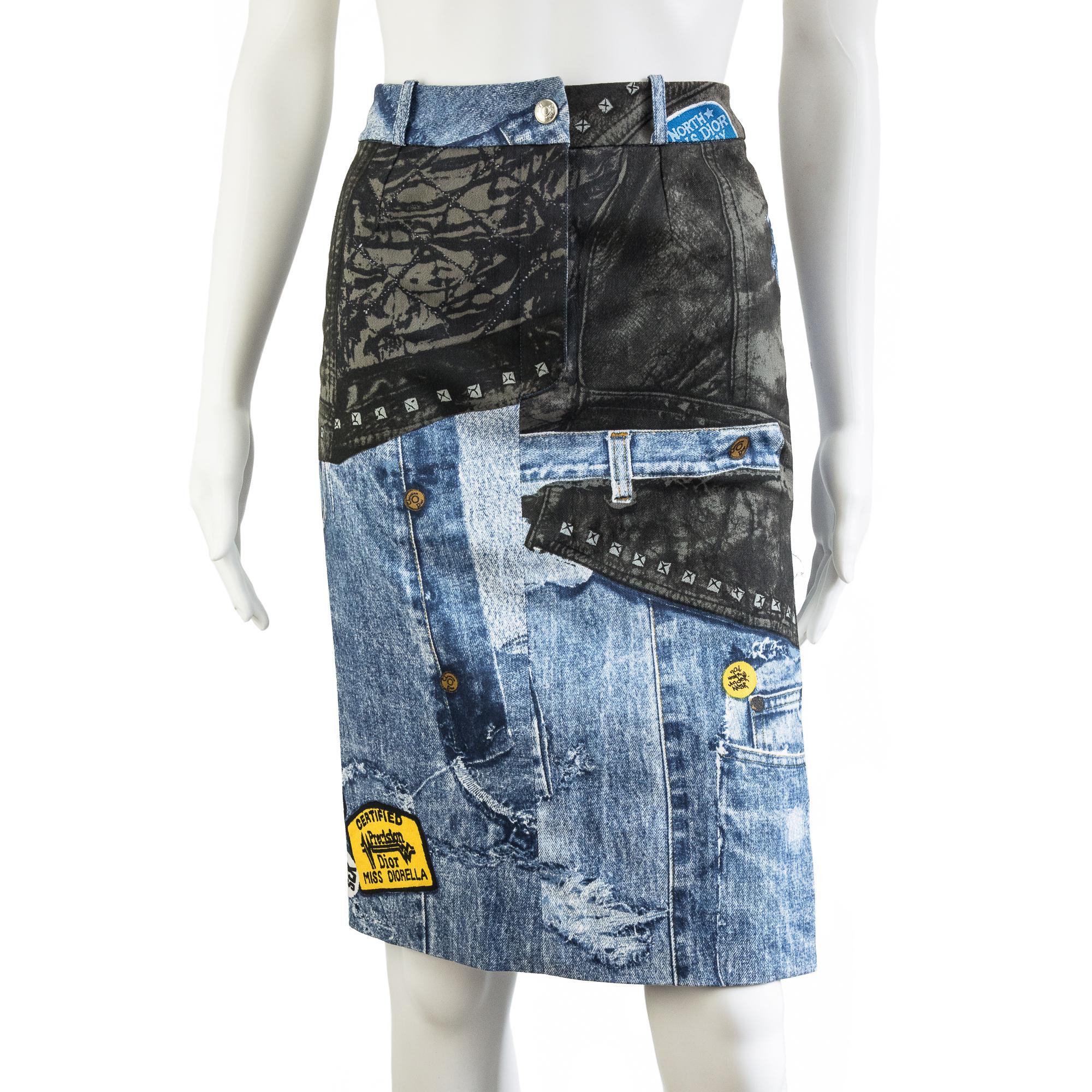 Ruder Than The Rest presents a Christian Dior autumn-winter 2001 denim Trompe L'oeil print trousers.

Designed by John Galliano for the Miss Diorella collection.

Knee-length skirt with deep side slit.

We know Tom Ford was the king of office siren
