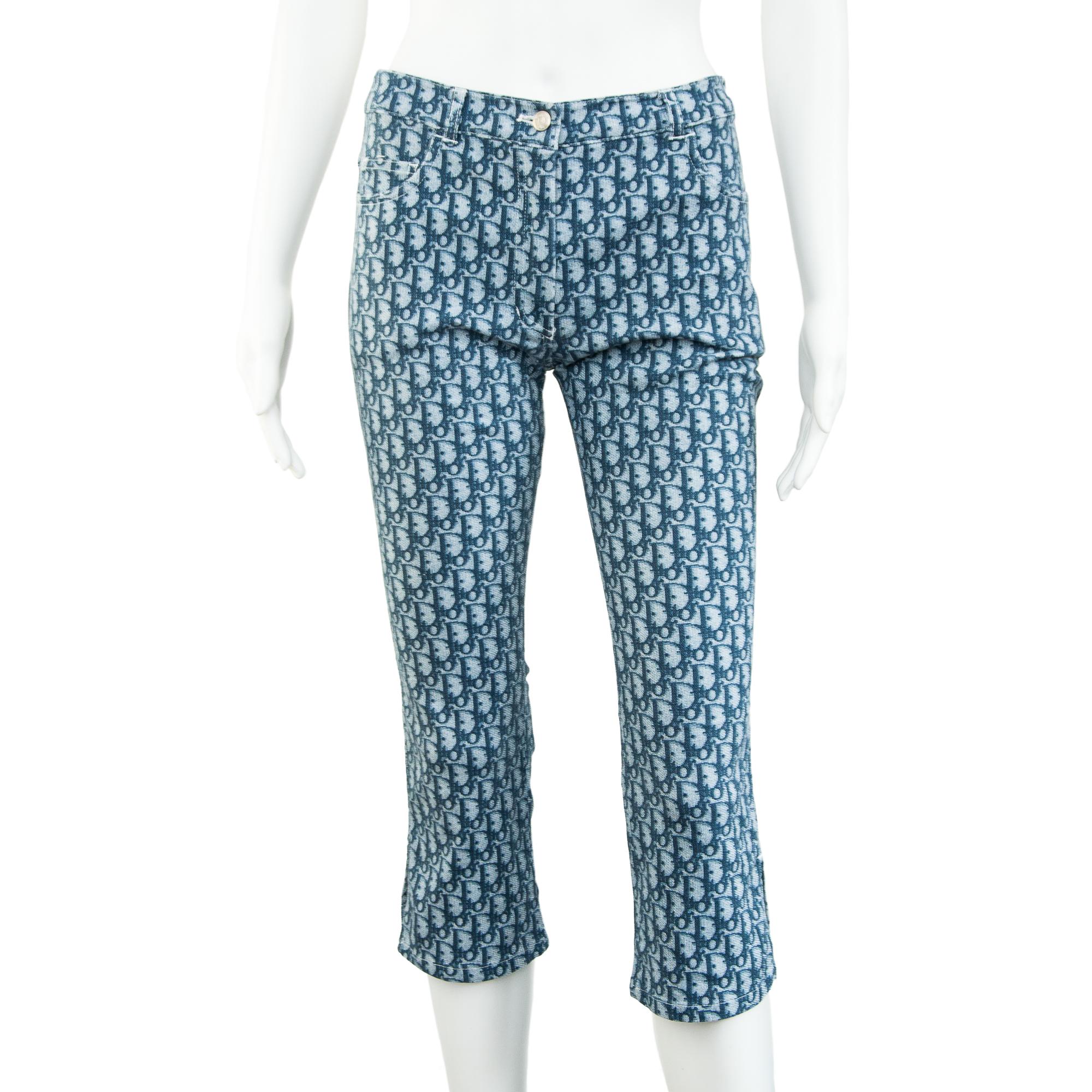 Ruder Than The Rest presents: Christian Dior spring-summer 2002 blue Diorissimo monogram capris.

Rare blue Diorissimo monogram.

Designed by John Galliano.

White stripe and number 2 pocket detail.

Slit at the leg openings.

Fabric is stretchy and