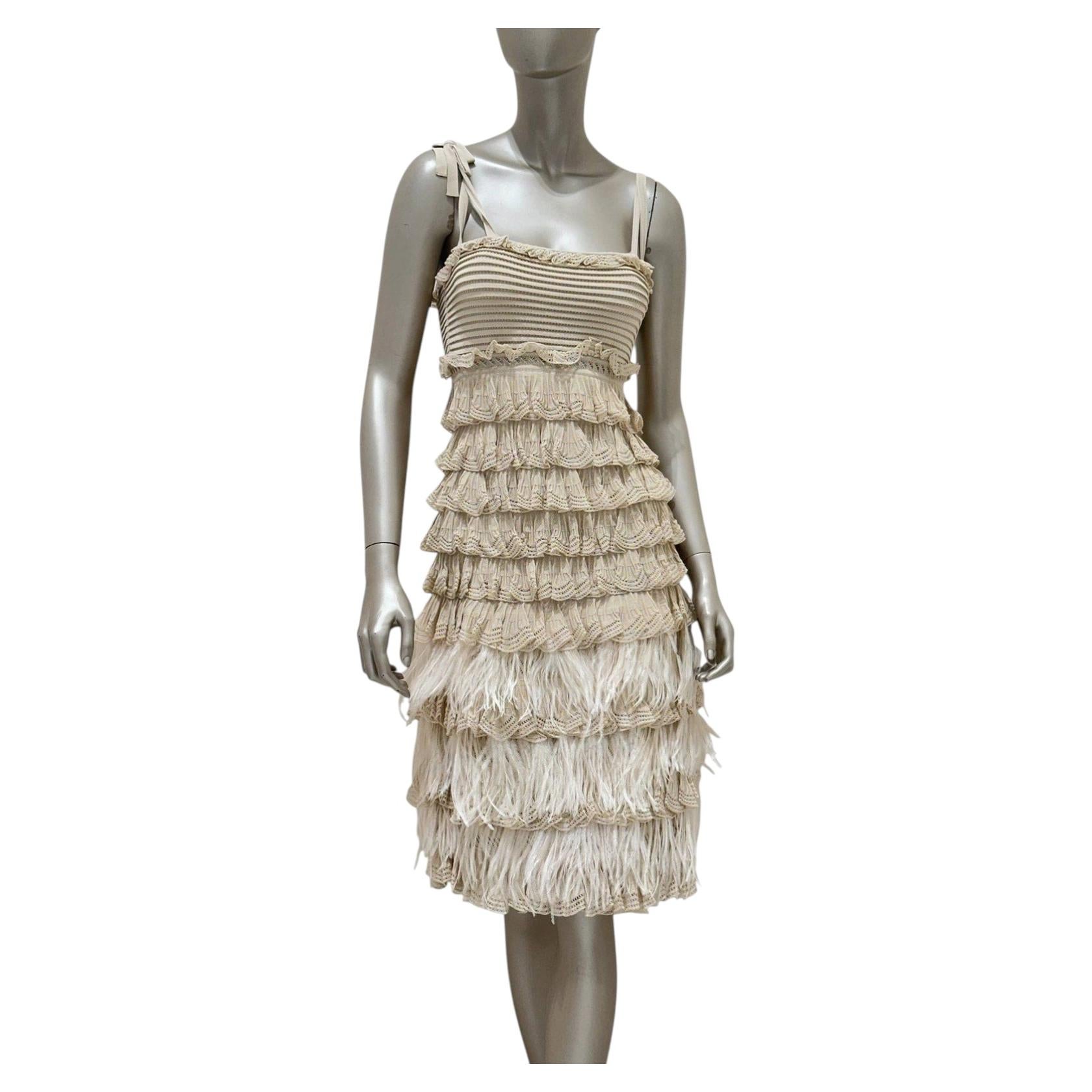 Abito in maglia beige con piume di Christian Dior by Galliano, taglia 38