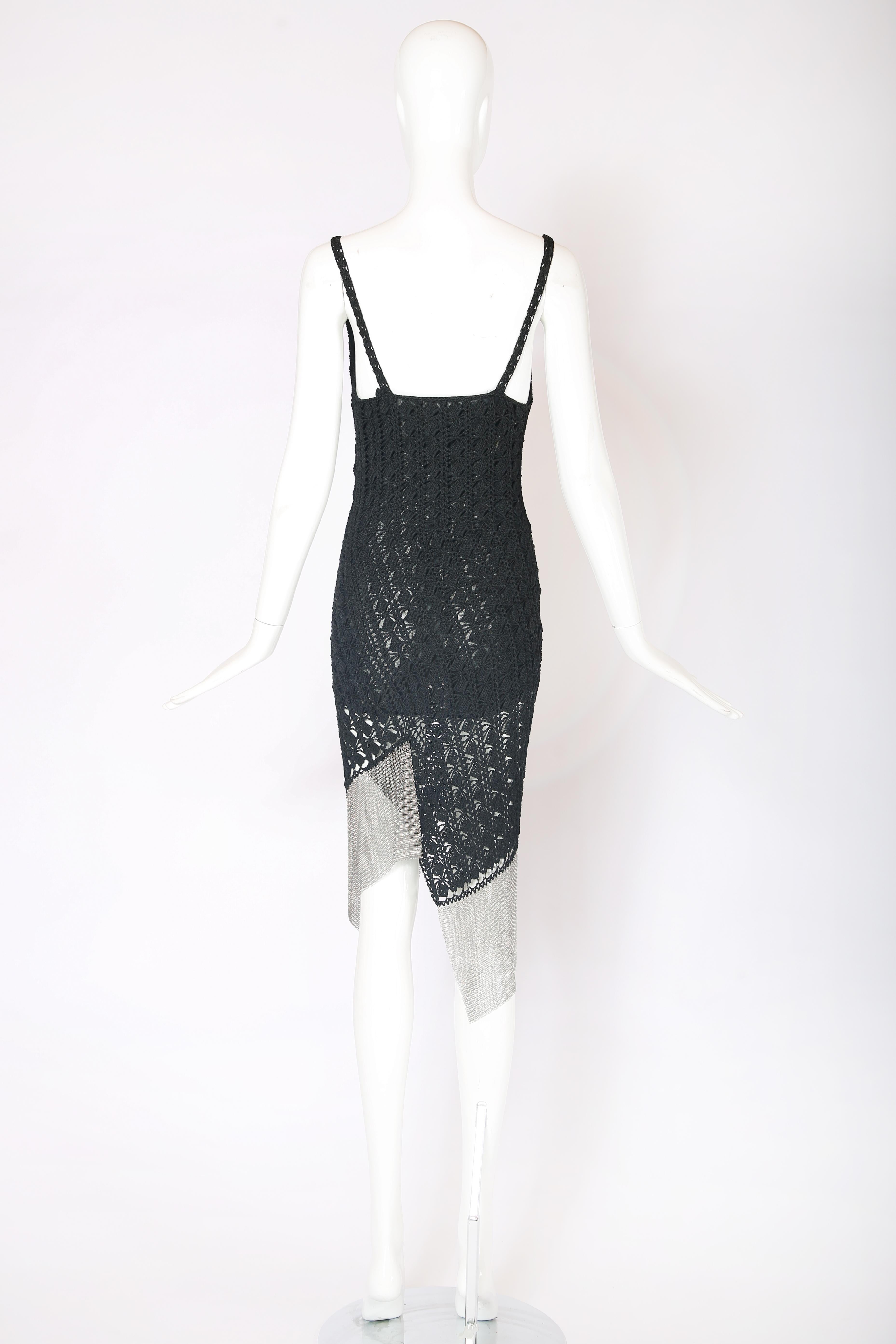 Christian Dior by Galliano Black Crochet & Silver Mesh Trim Bodycon Dress In Excellent Condition In Studio City, CA