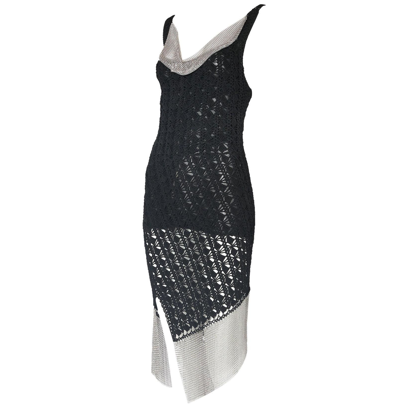 Christian Dior by Galliano Black Crochet & Silver Mesh Trim Bodycon Dress
