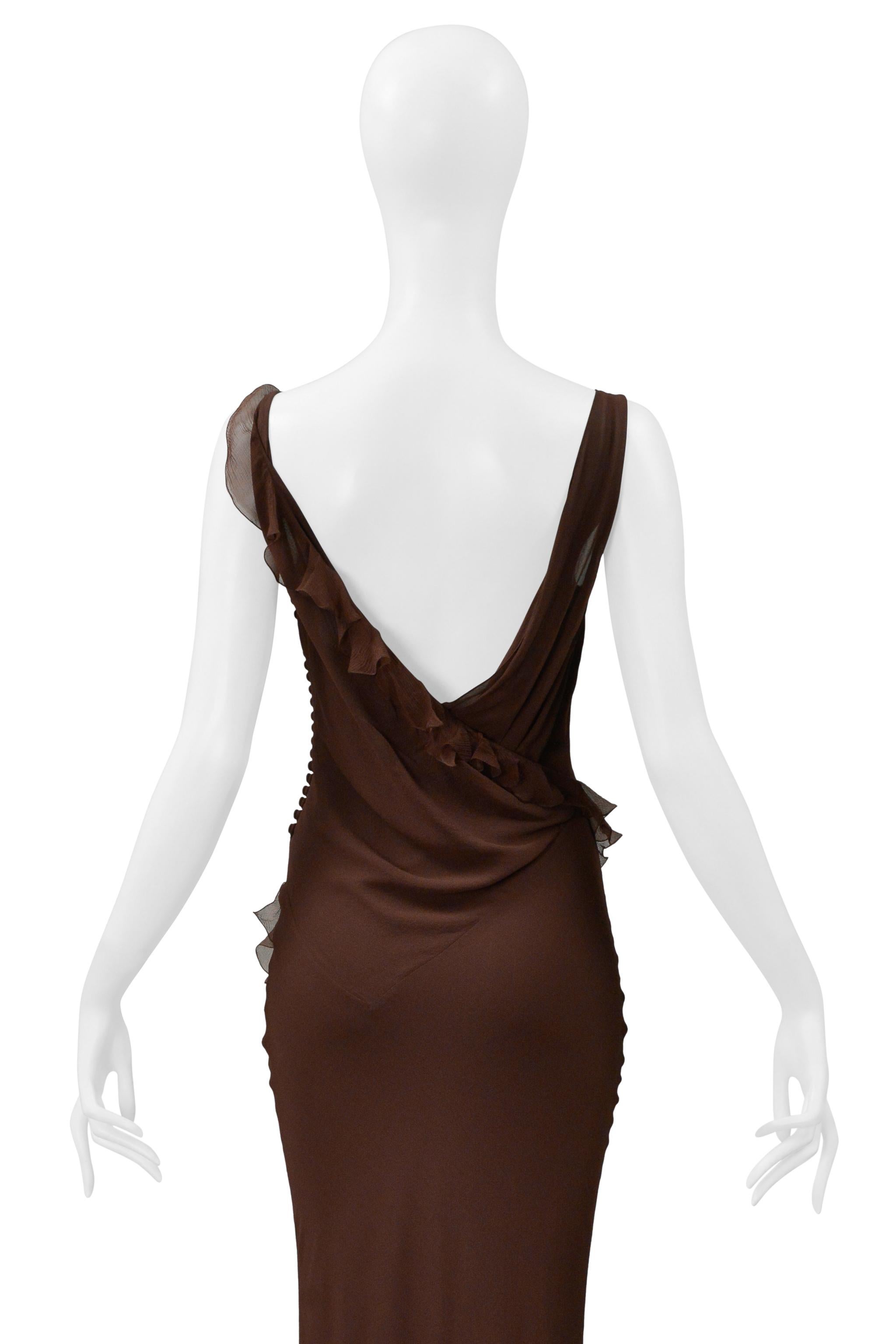 Christian Dior By Galliano - Robe du soir en mousseline marron avec volants en vente 5