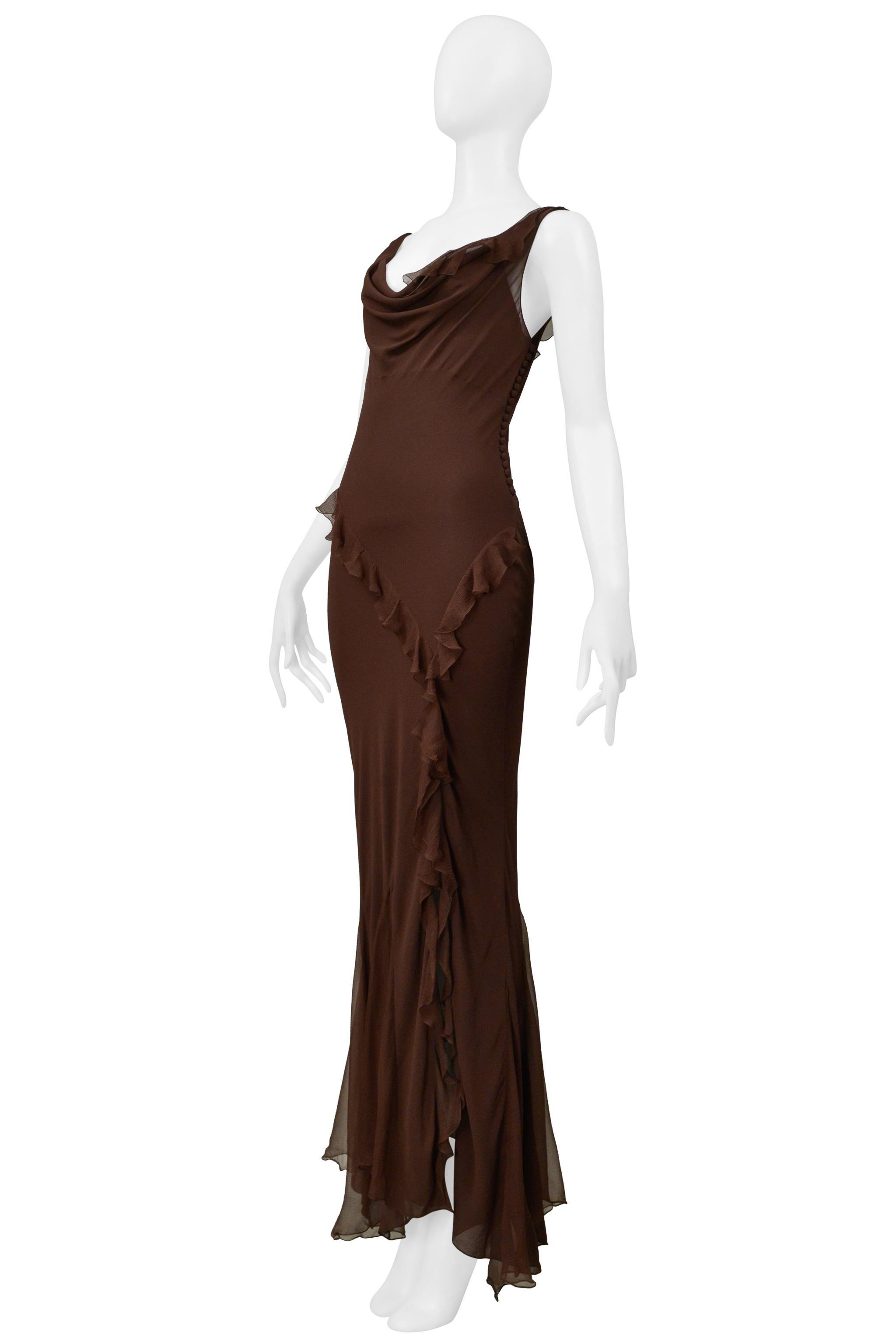 Noir Christian Dior By Galliano - Robe du soir en mousseline marron avec volants en vente