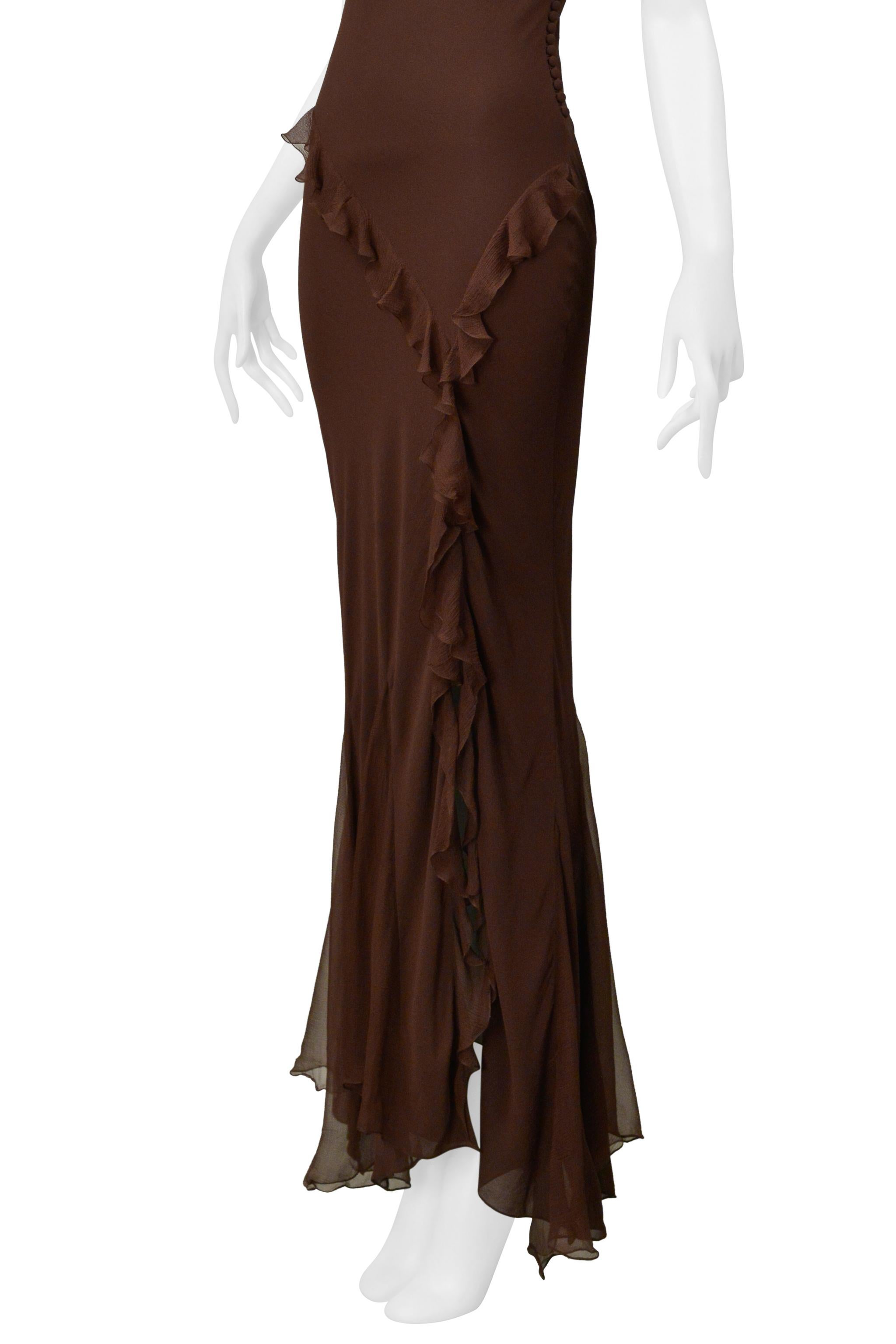 Christian Dior By Galliano - Robe du soir en mousseline marron avec volants Bon état - En vente à Los Angeles, CA