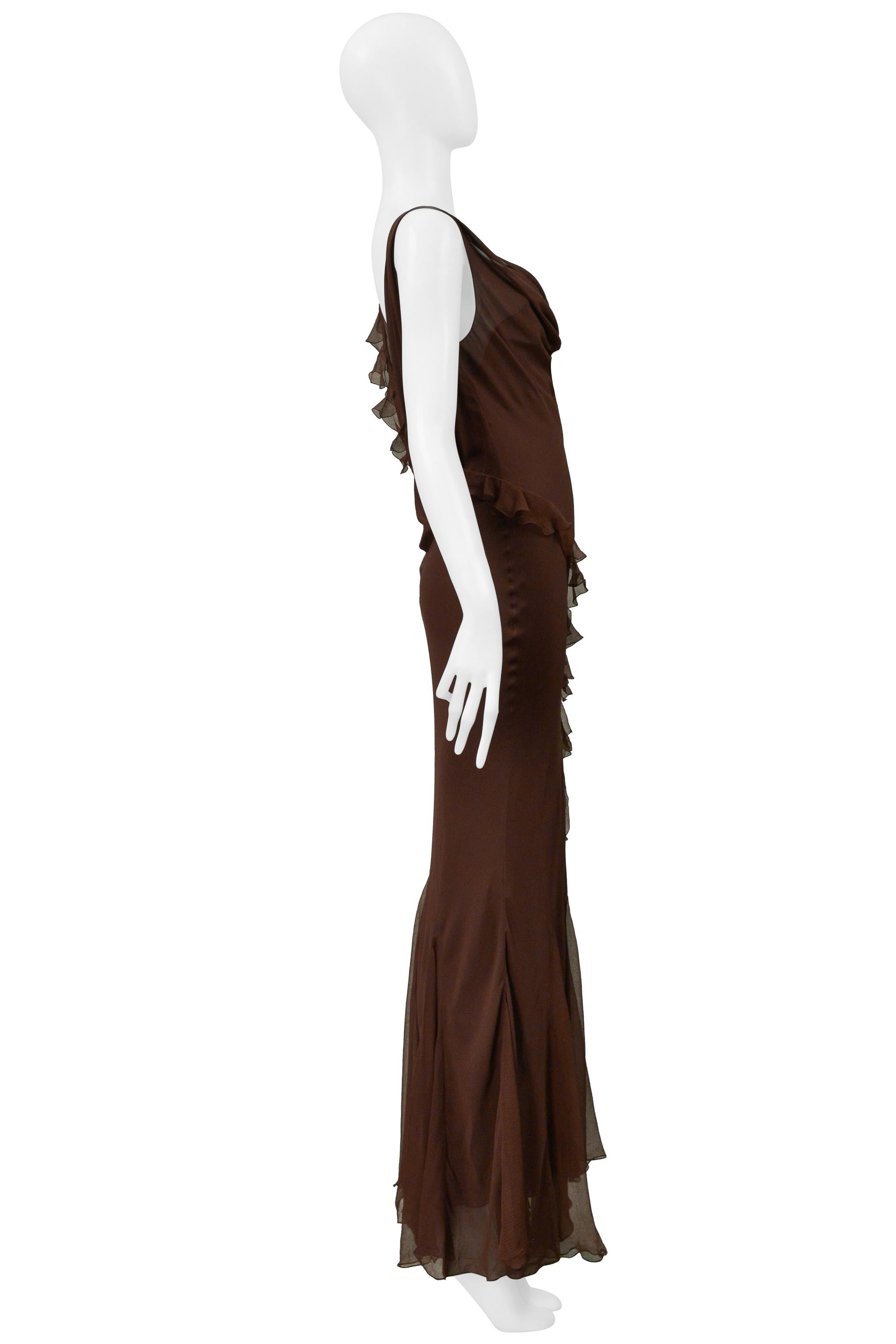 Christian Dior By Galliano - Robe du soir en mousseline marron avec volants Pour femmes en vente