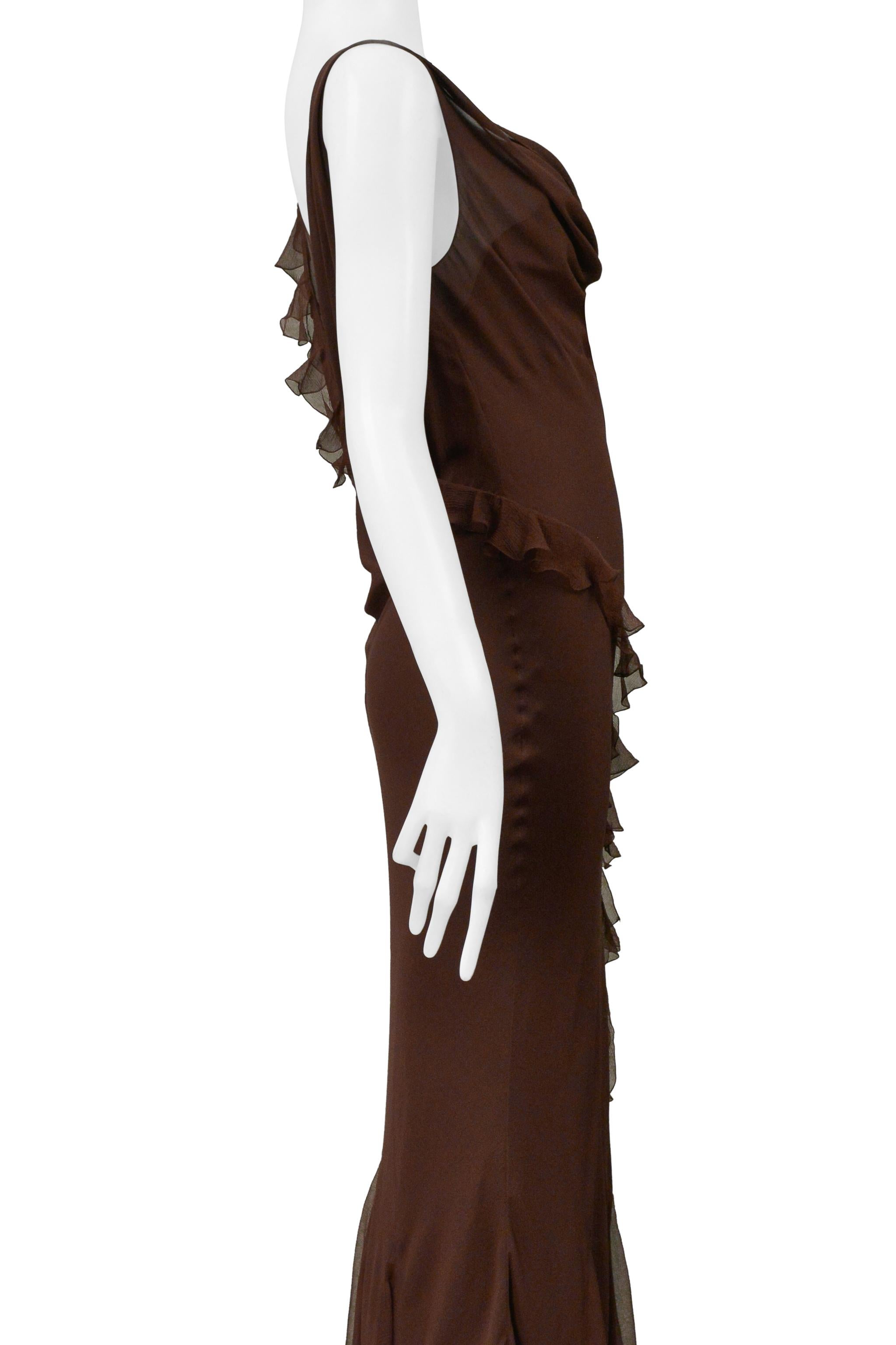 Christian Dior By Galliano - Robe du soir en mousseline marron avec volants en vente 1