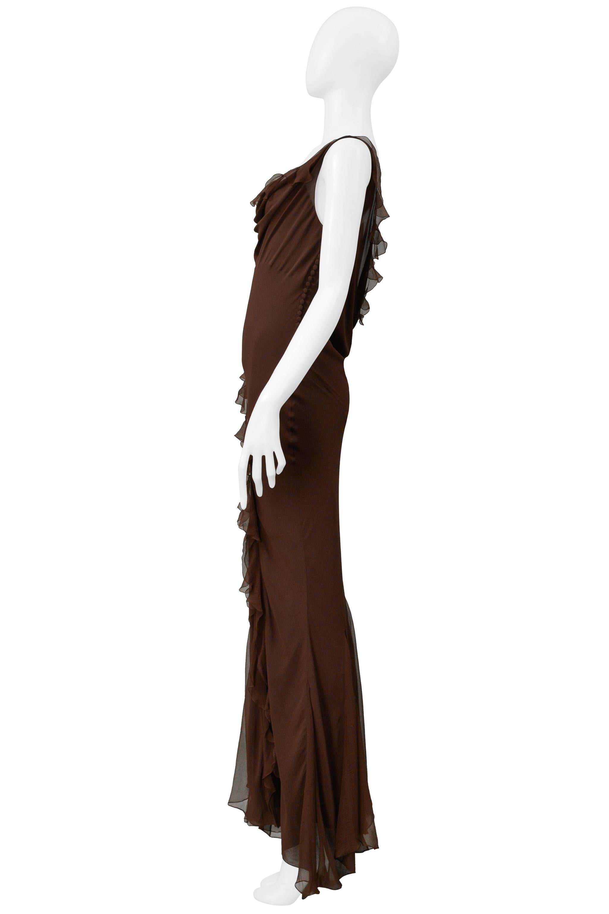 Christian Dior By Galliano - Robe du soir en mousseline marron avec volants en vente 2