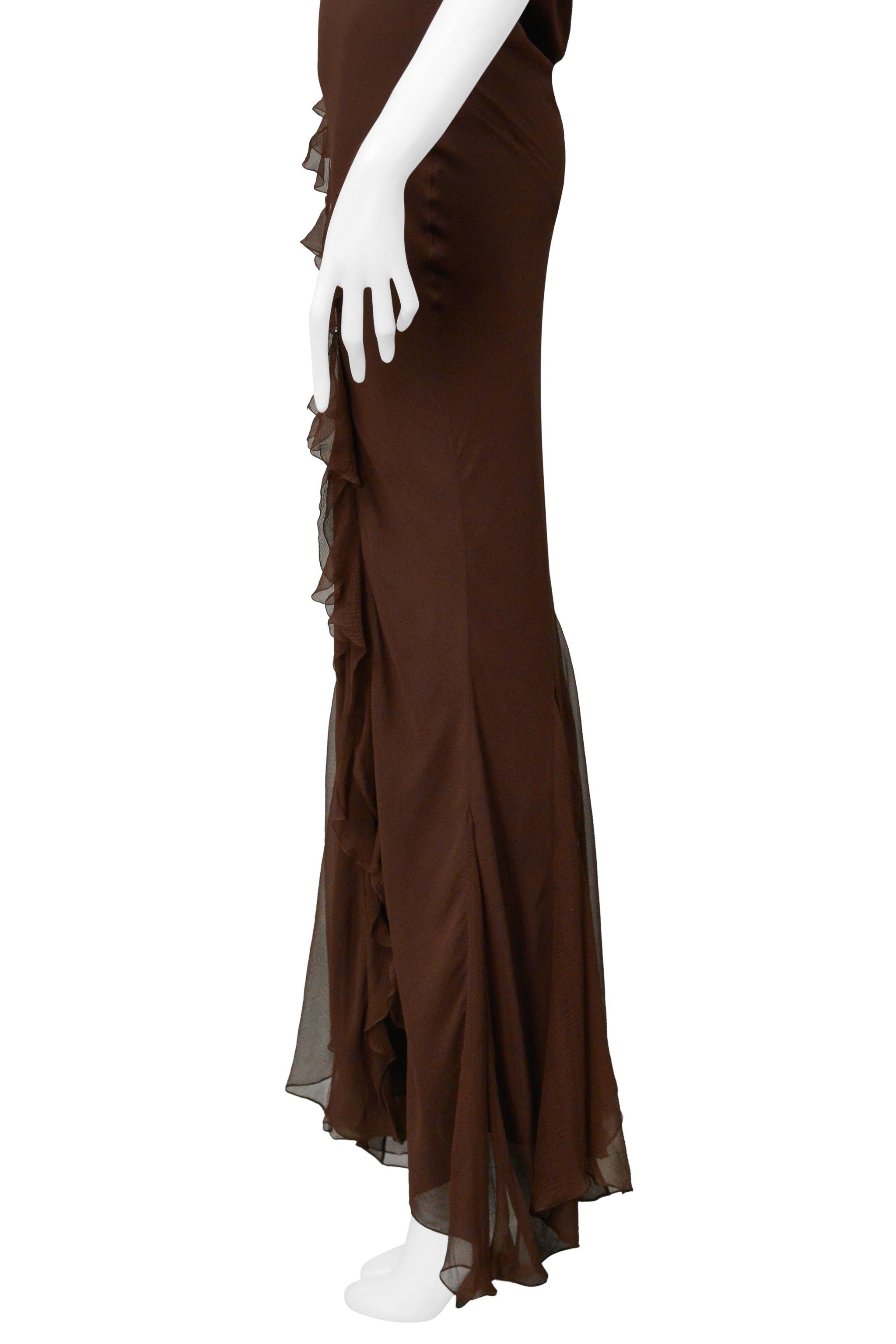 Christian Dior By Galliano - Robe du soir en mousseline marron avec volants en vente 3
