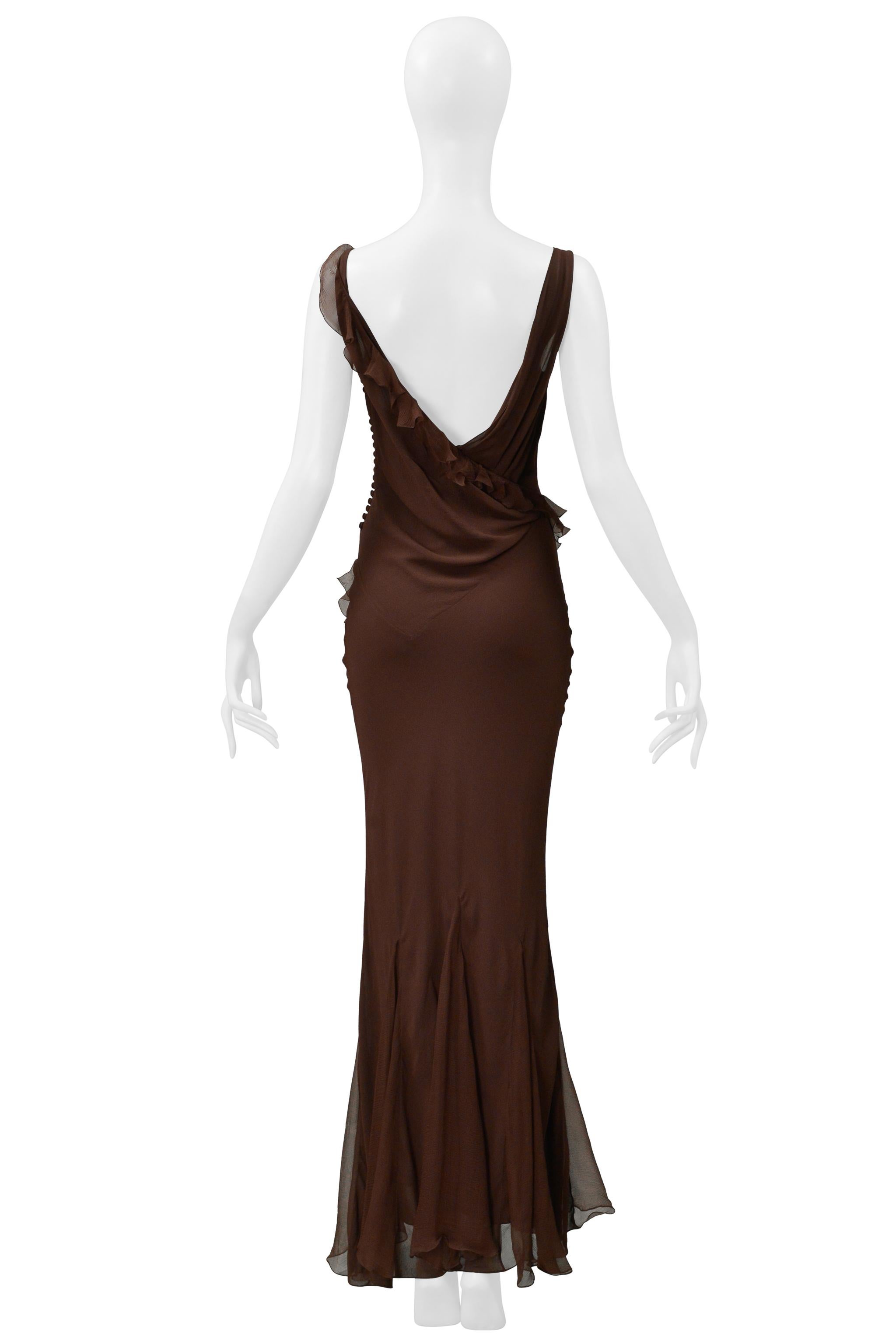 Christian Dior By Galliano - Robe du soir en mousseline marron avec volants en vente 4