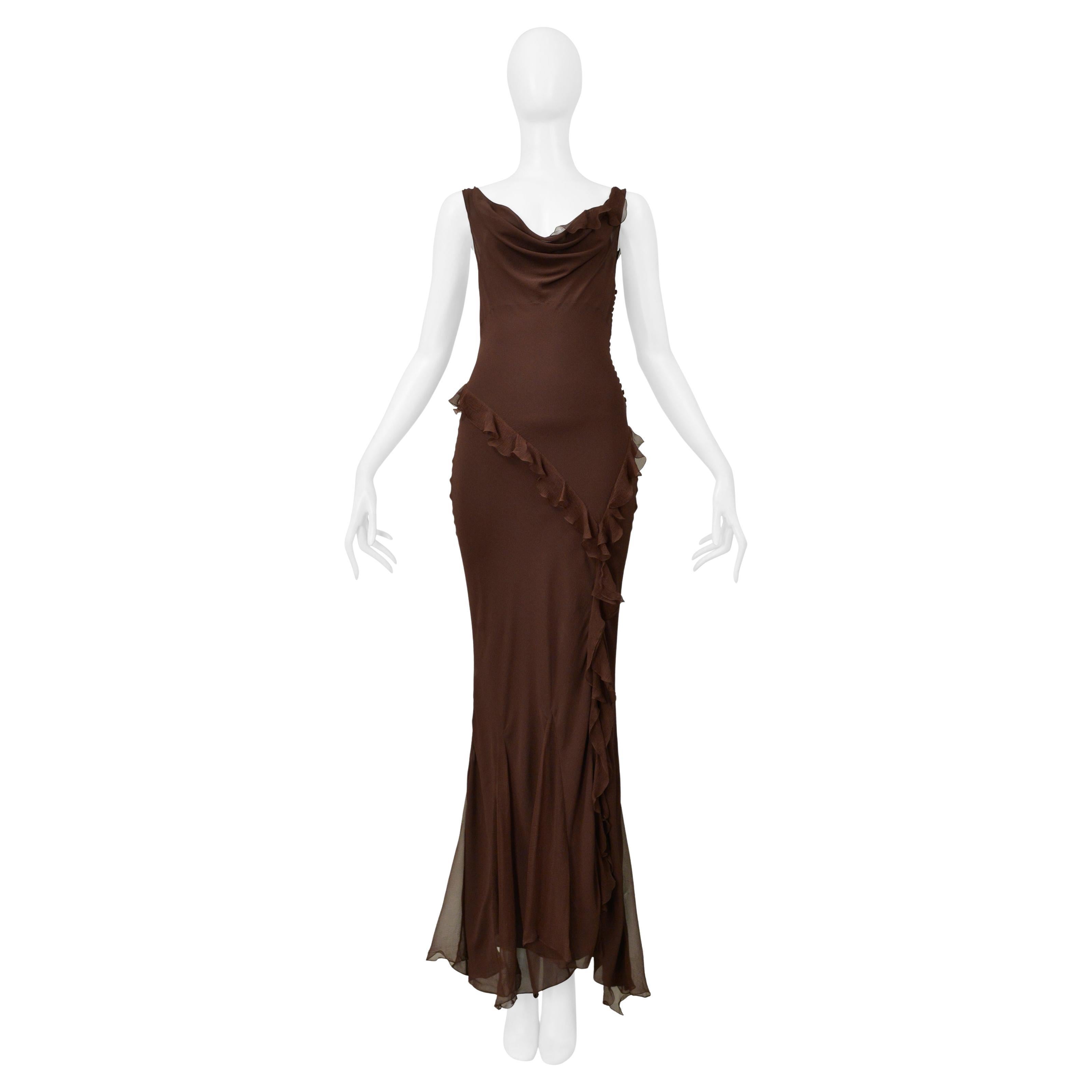 Christian Dior By Galliano - Robe du soir en mousseline marron avec volants en vente