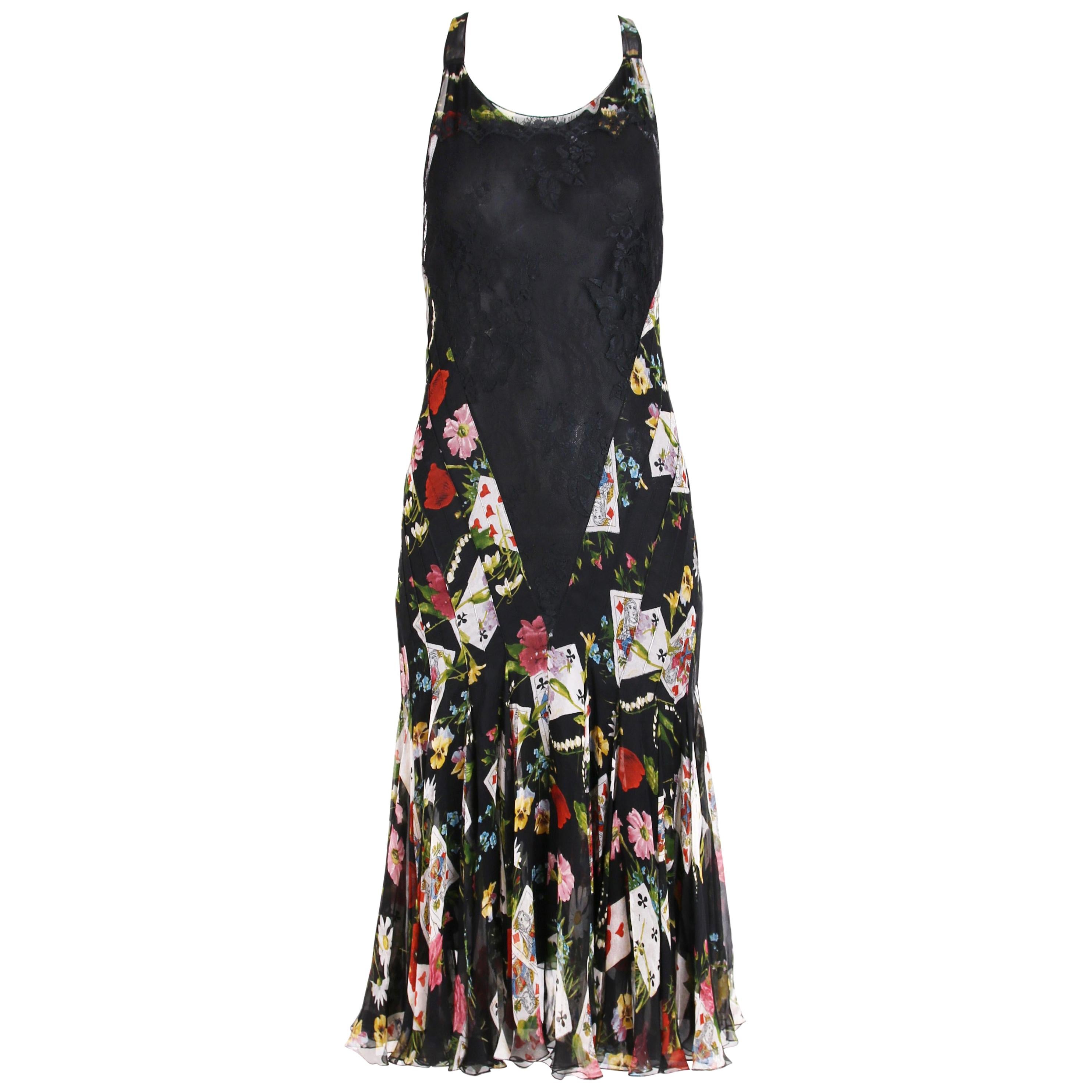  Christian Dior by Galliano Chiffon & Lace Playing Card Print Cocktail Dress For Sale