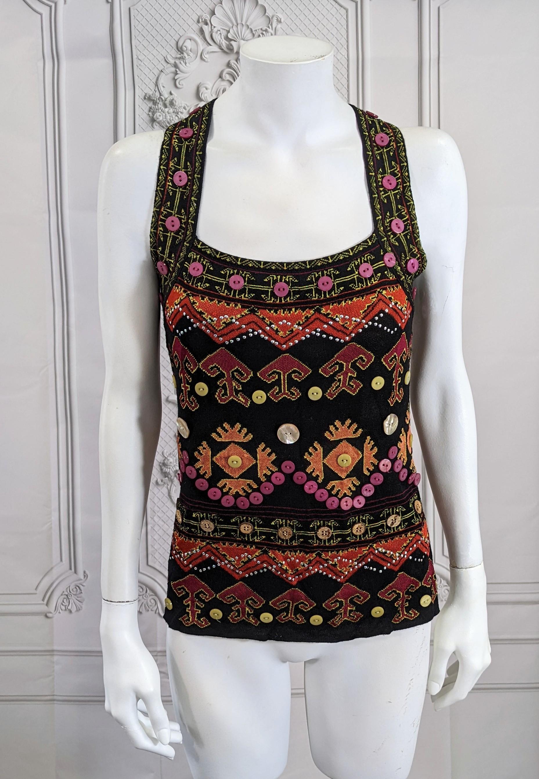 Charming John Galliano for Christian Dior  Fall/Winter 2002  knitted tank top.  A charming example of Galliano's continent-hopping multi ethnic inspiration including Eskimo, Mongolian and Middle Eastern embroideries, silver nail heads, and multi