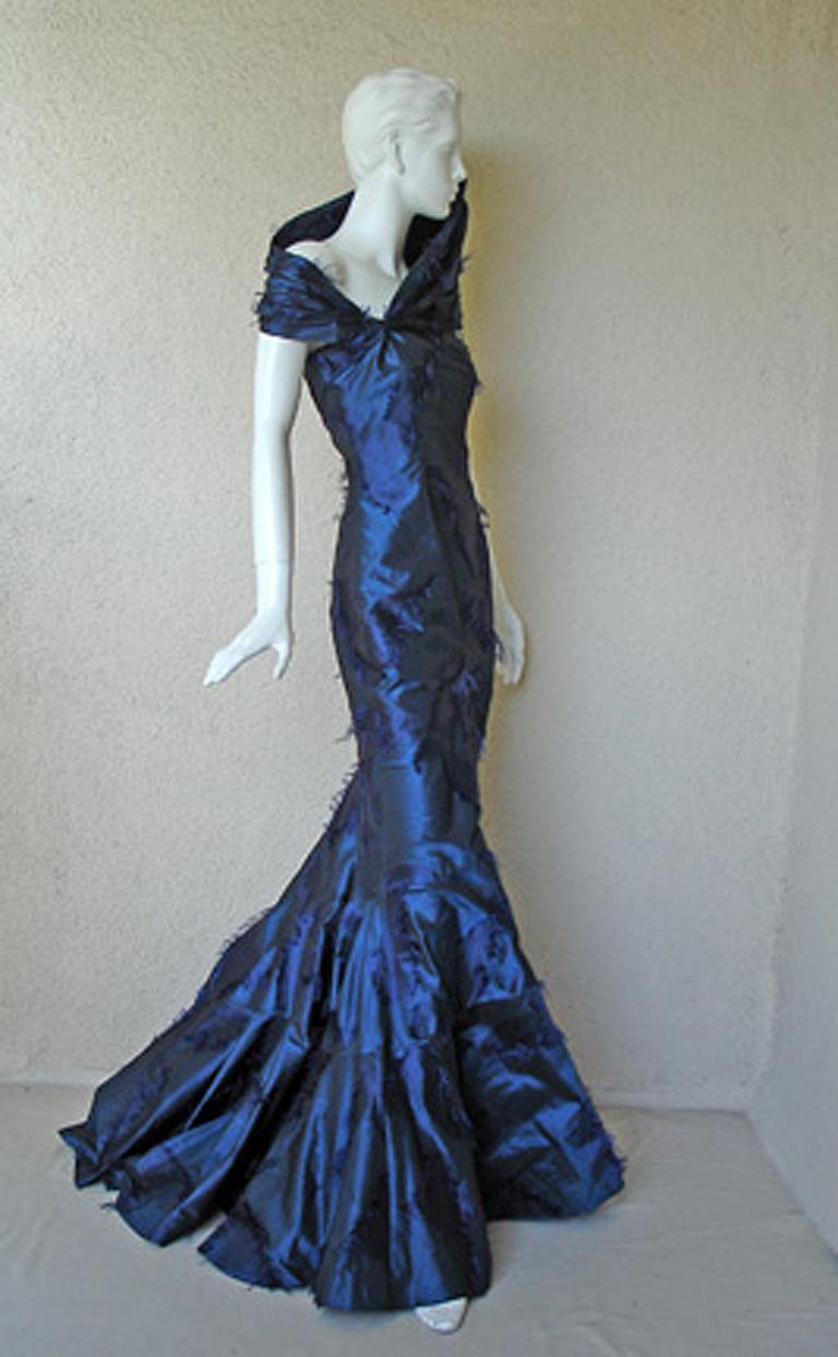 Bleu Christian Dior by Galliano Grand Sapphire Blue Silk Demi Couture Dress Gown en vente