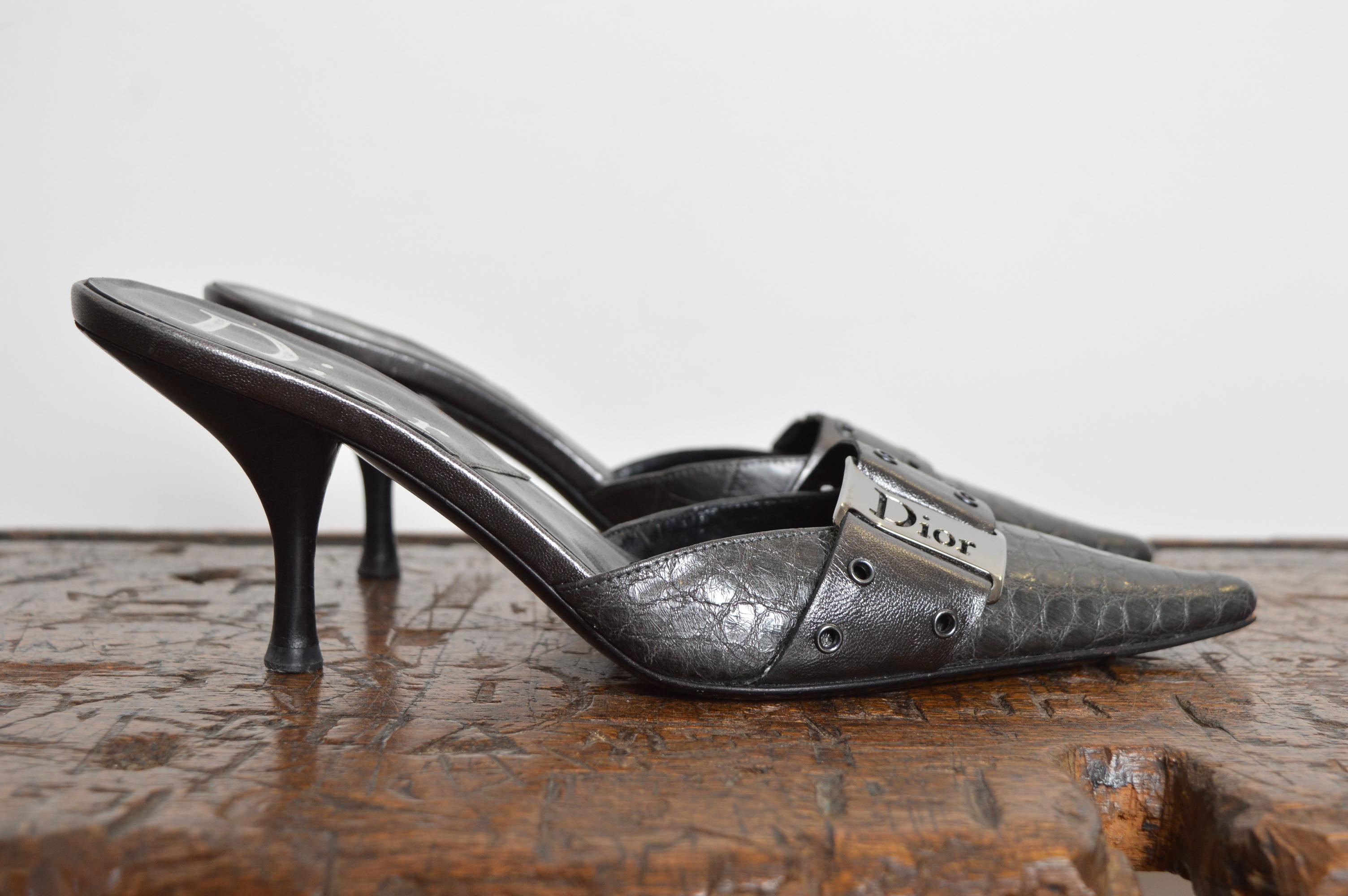 Christian Dior by Galliano Gun Metal Grey Silver pointed Crocodile Kitten Talons en vente 7
