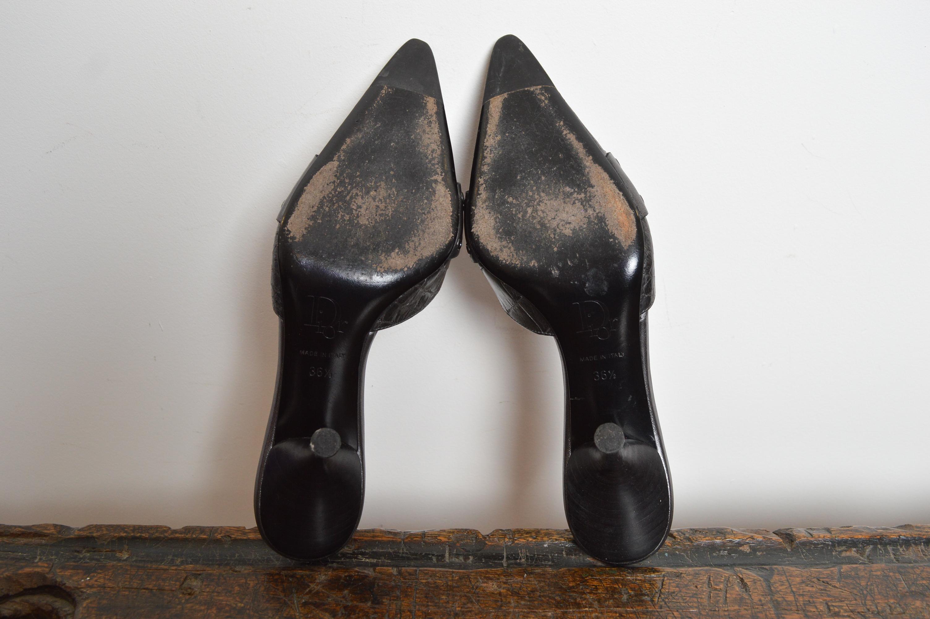 Christian Dior by Galliano Gun Metal Grey Silver pointed Crocodile Kitten Talons en vente 9