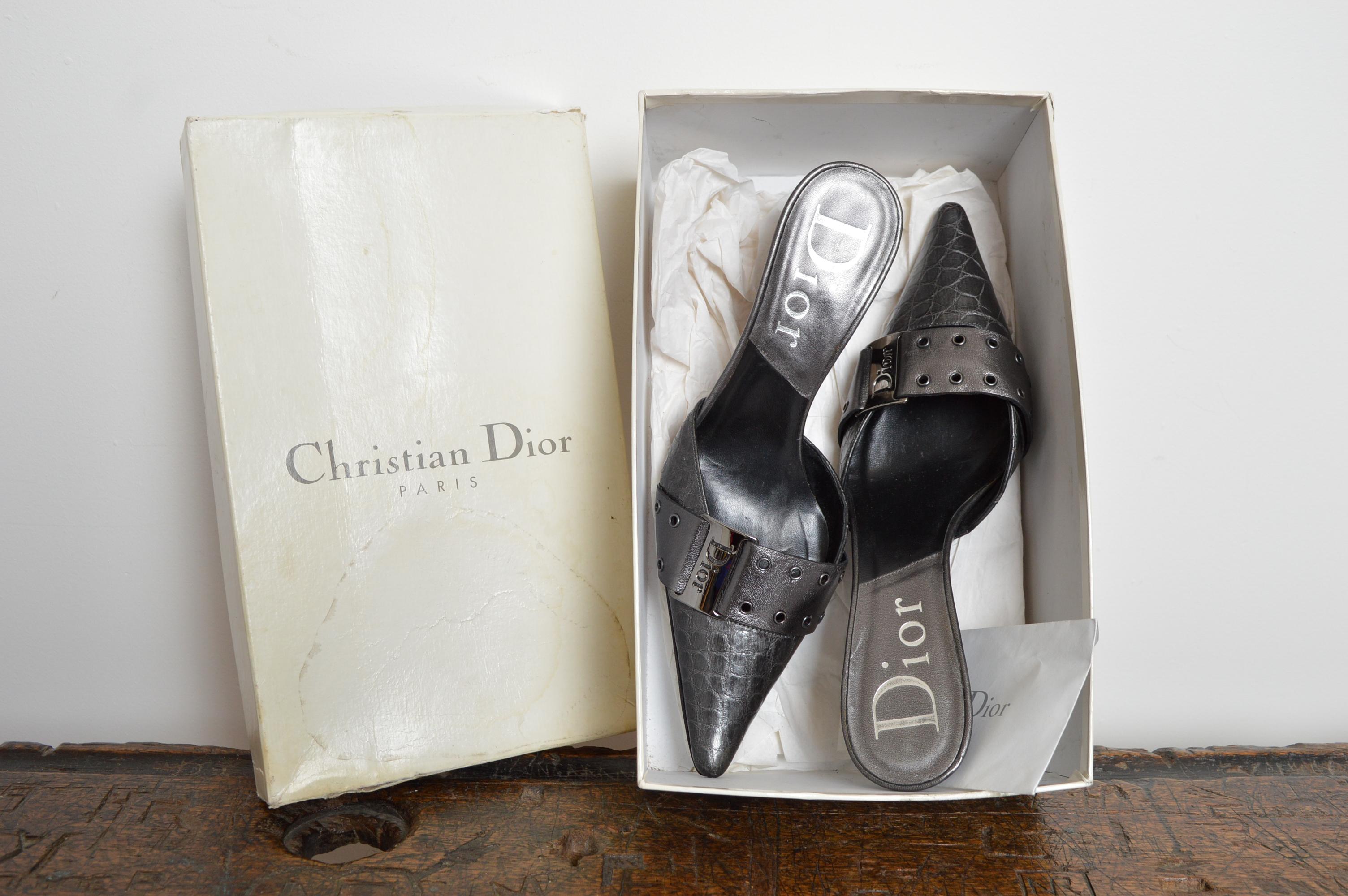 Christian Dior by Galliano Gun Metal Grey Silver pointed Crocodile Kitten Talons en vente 11