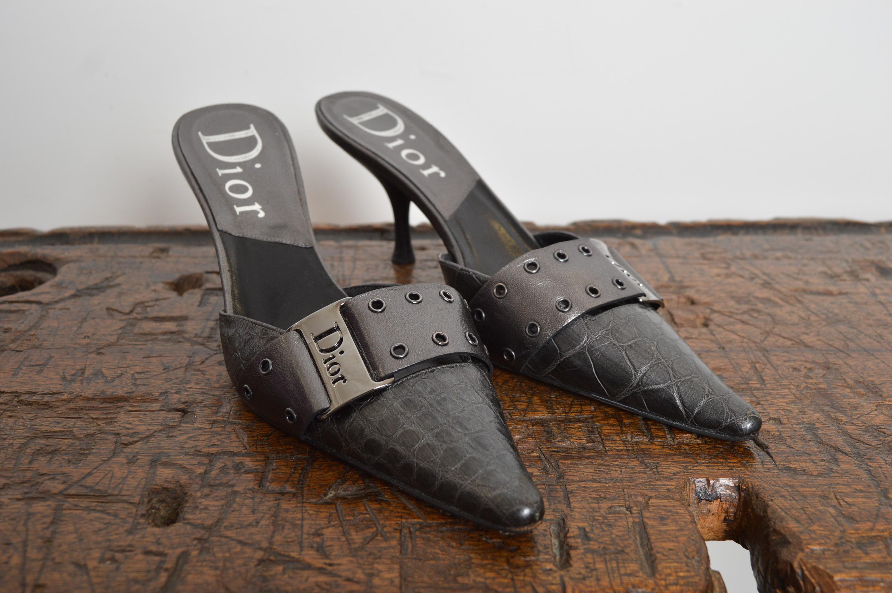 Christian Dior by Galliano Gun Metal Grey Silver pointed Crocodile Kitten Talons Pour femmes en vente