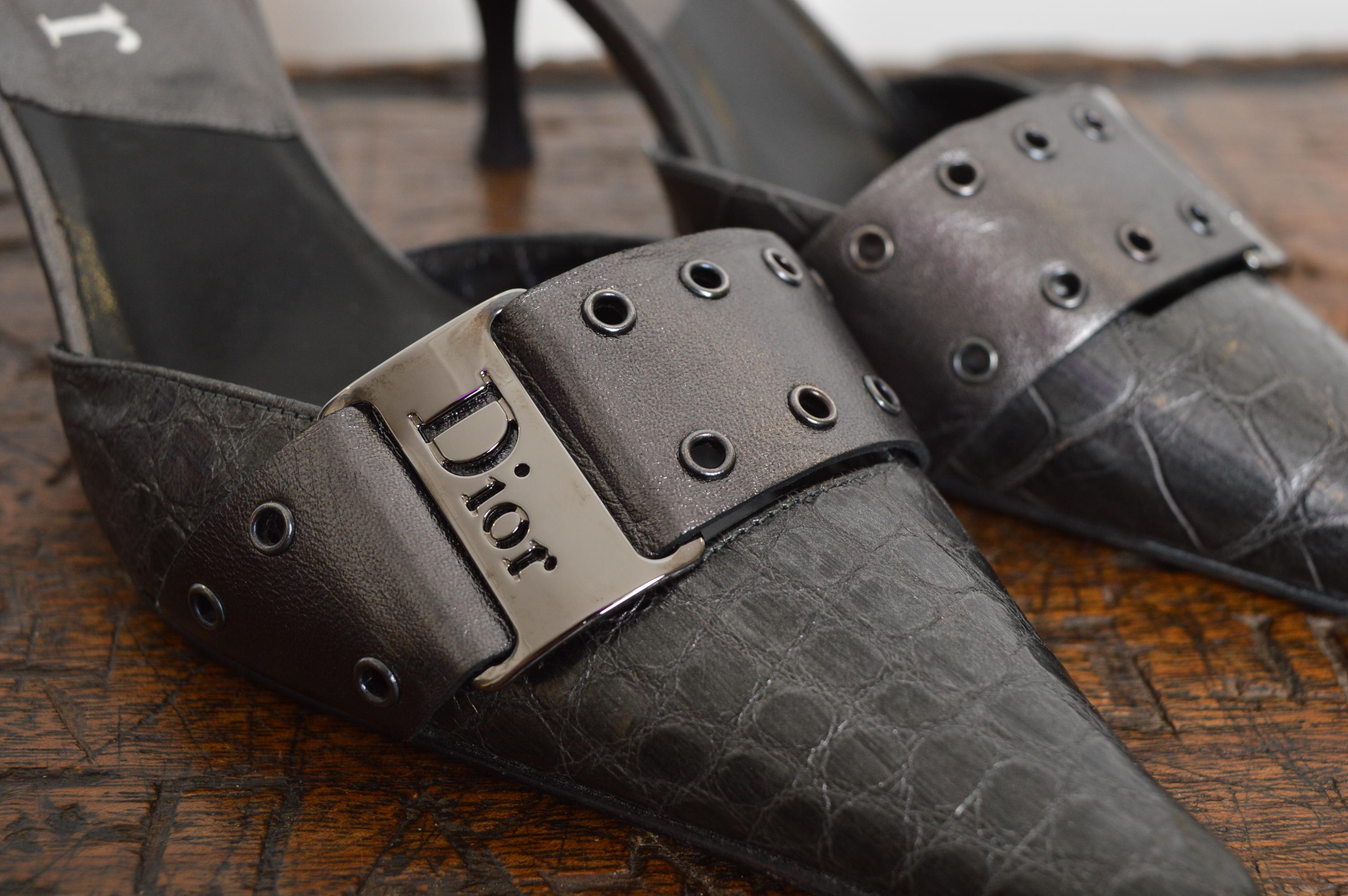 Christian Dior by Galliano Gun Metal Grey Silver pointed Crocodile Kitten Talons en vente 1