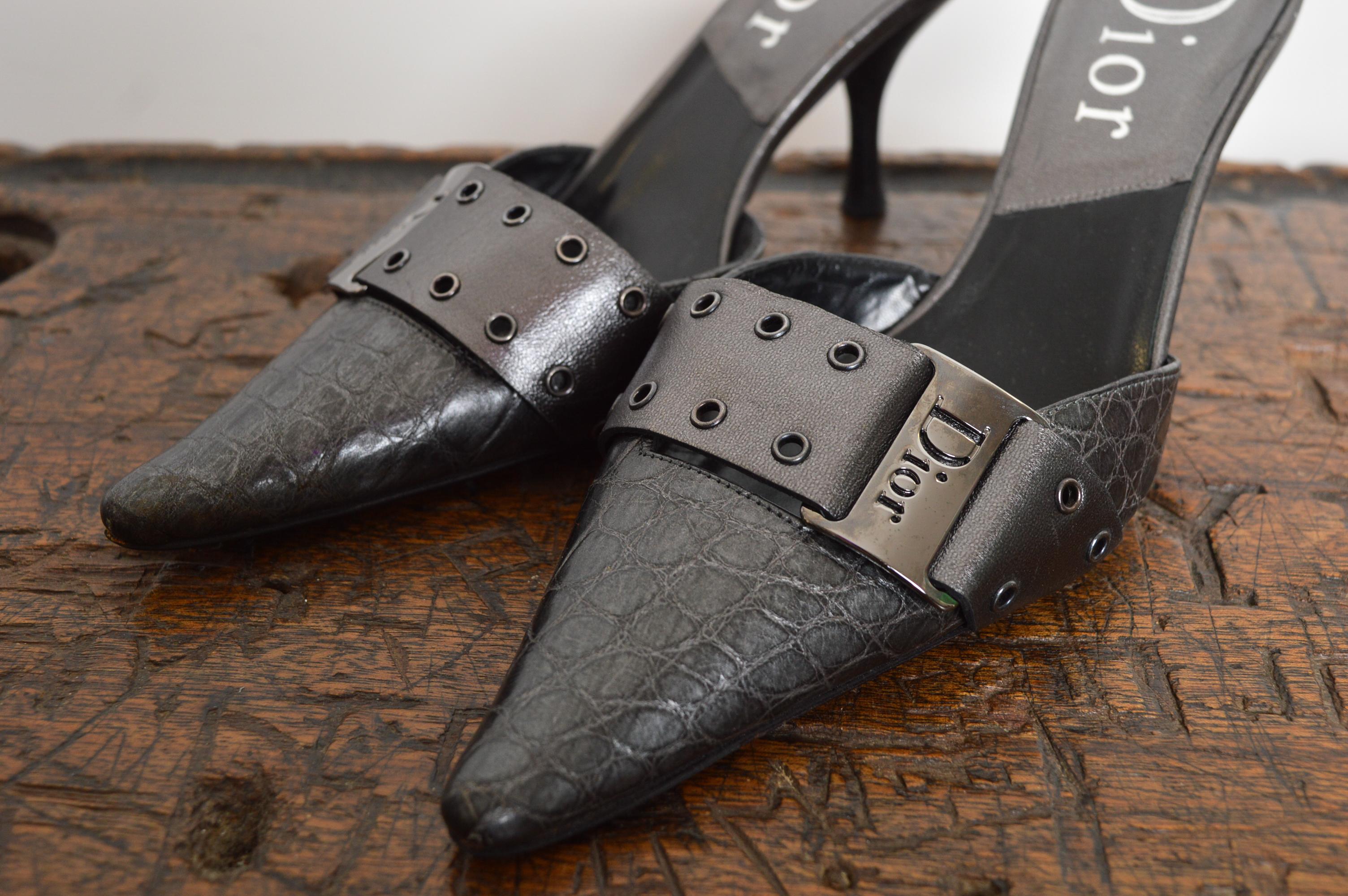 Christian Dior by Galliano Gun Metal Grey Silver pointed Crocodile Kitten Talons en vente 3