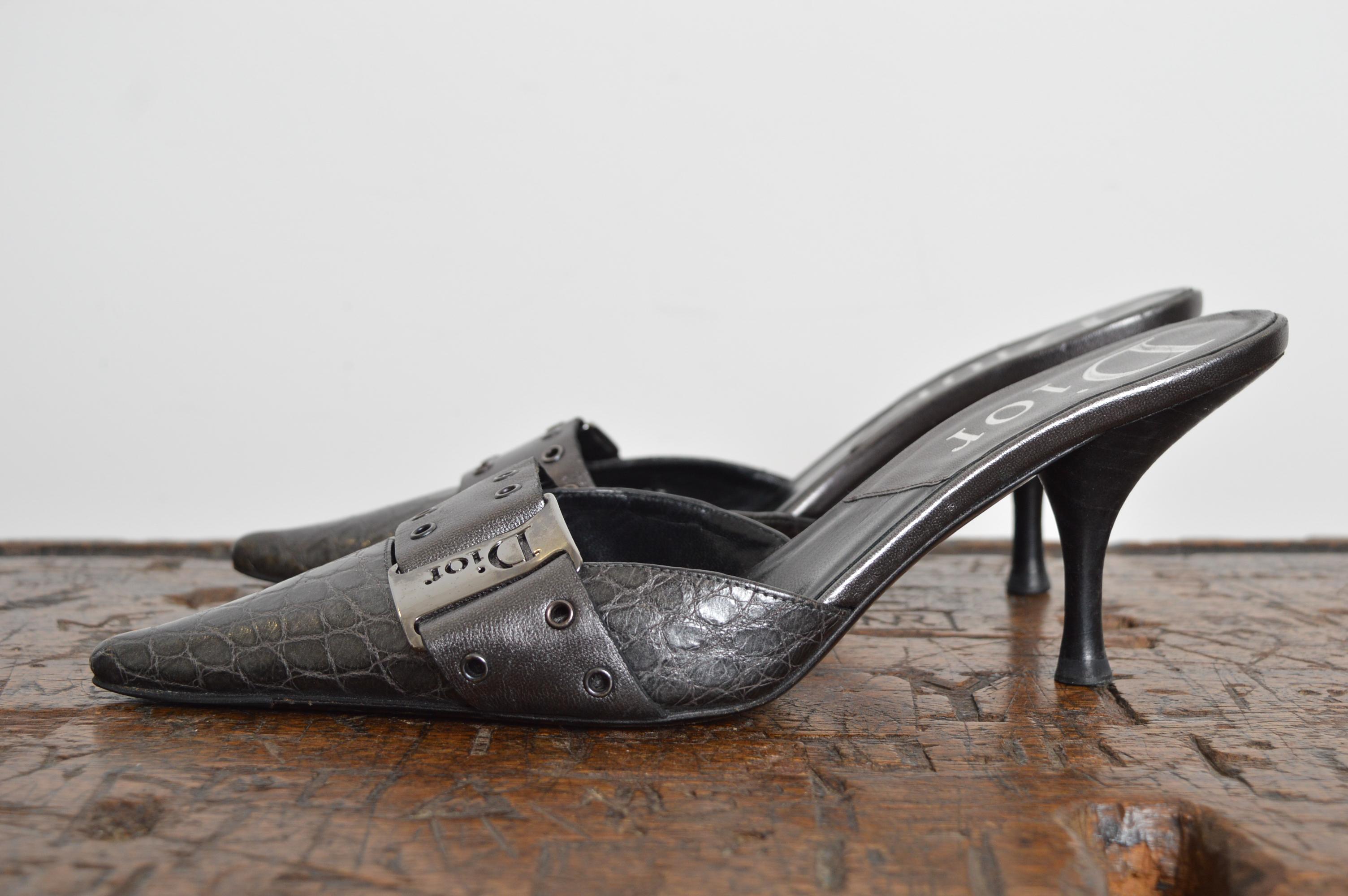 Christian Dior by Galliano Gun Metal Grey Silver pointed Crocodile Kitten Talons en vente 4