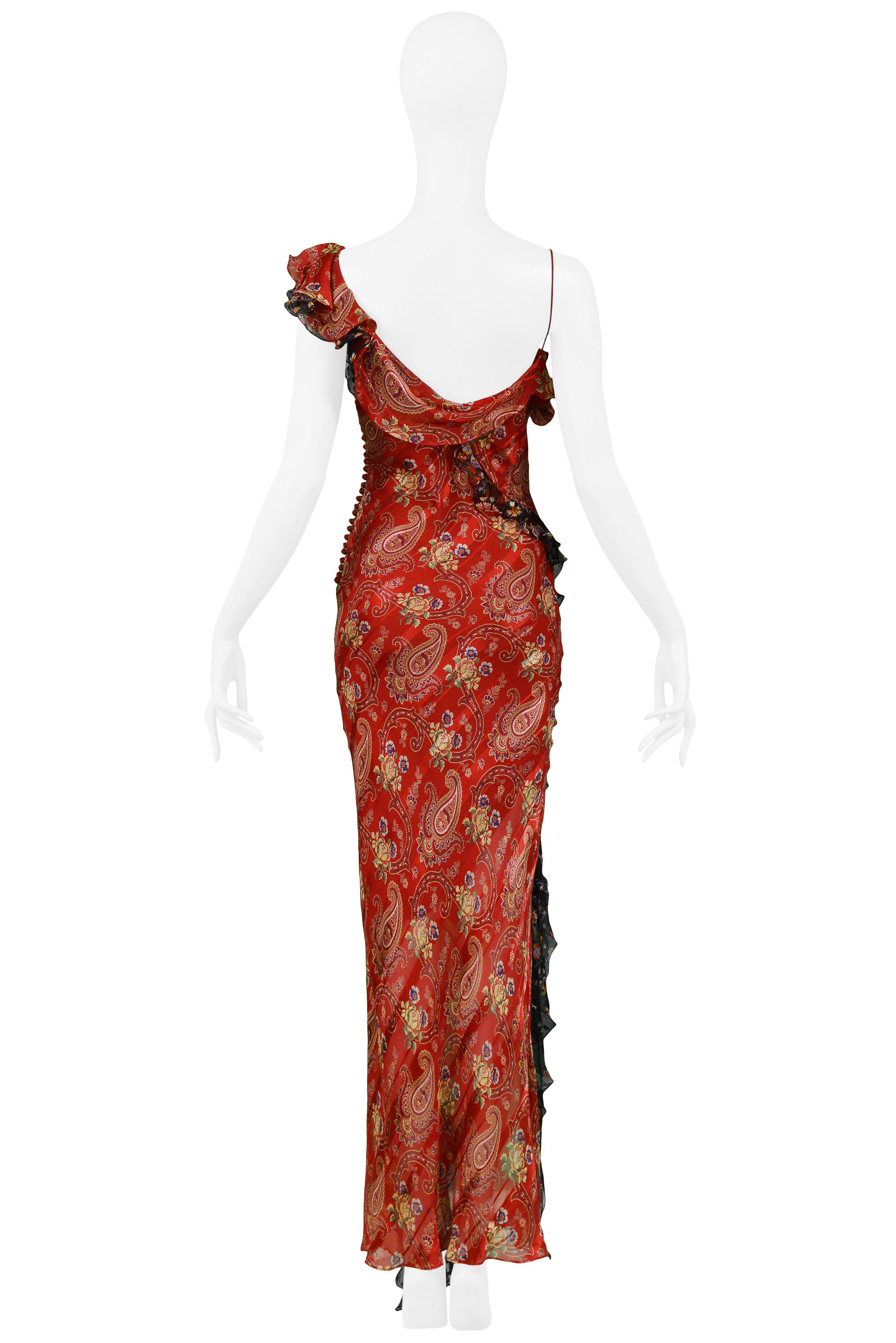 Brown Christian Dior By Galliano Red Paisley Ruffle One Shoulder Dress 2002