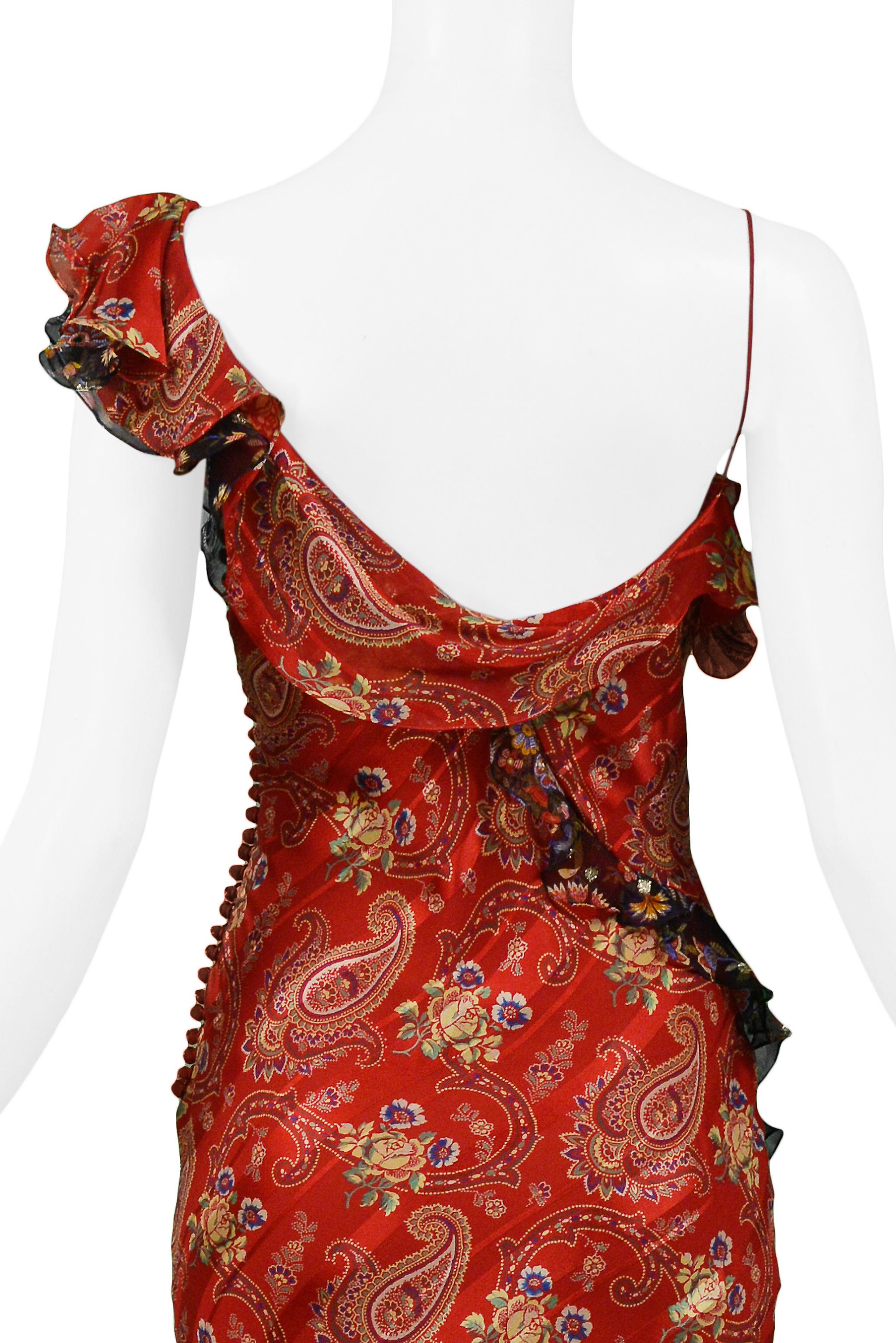 Christian Dior By Galliano Red Paisley Ruffle One Shoulder Dress 2002 In Excellent Condition In Los Angeles, CA