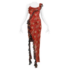 Christian Dior By Galliano Red Paisley Ruffle One Shoulder Dress 2002