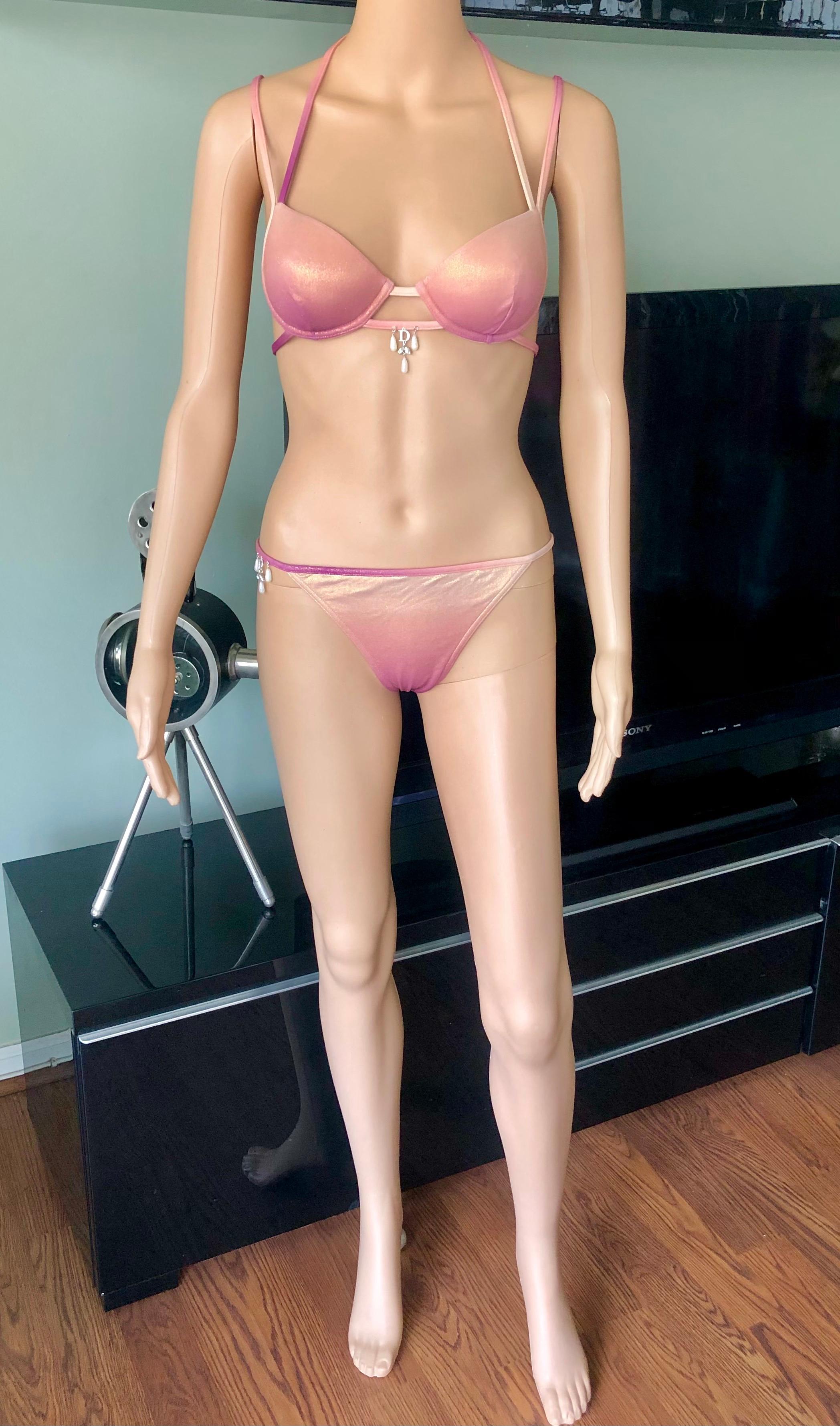 Christian Dior by Galliano S/S 2000 Swarovski Logo Bikini Bademode 3 Stück Set (Beige)