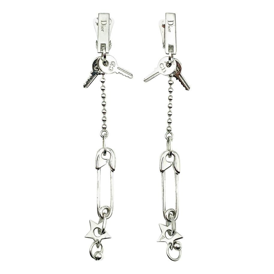 Christian Dior by Galliano Safety Pin & Keys Long Drop Earrings 2000s For Sale