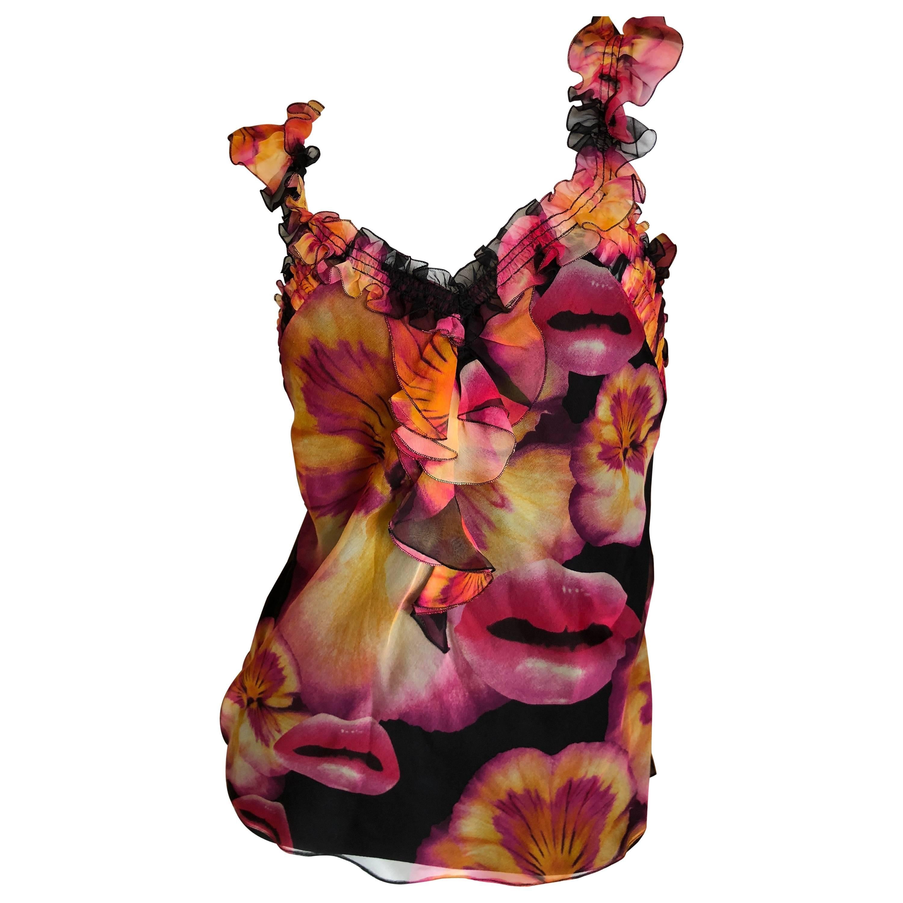 Christian Dior by Galliano Surreal Silk Lip & Pansy Print Silk Camisole Tank Top For Sale