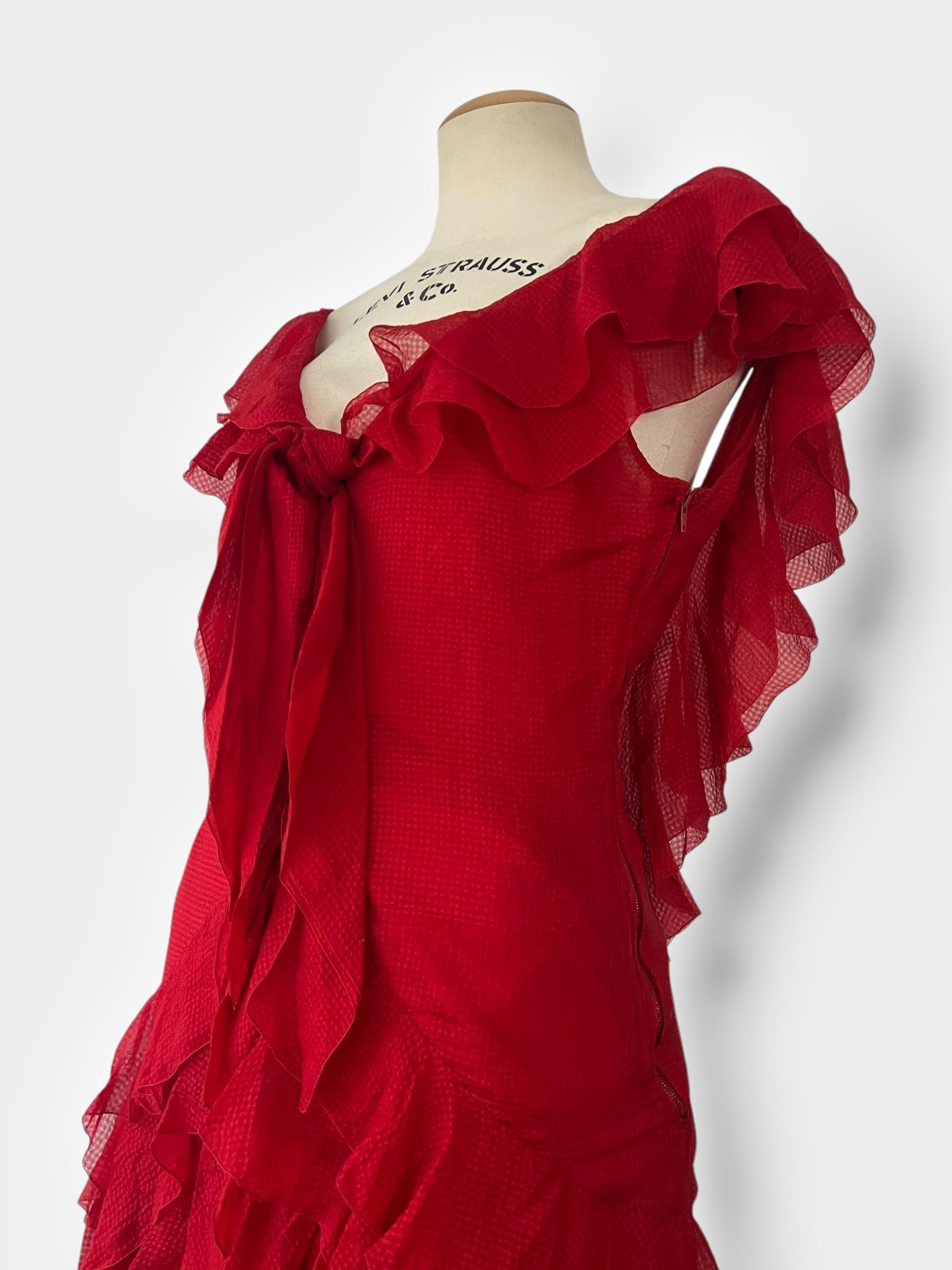 Red Christian Dior by Gianfranco Ferré 90s ruffle Asymmetric Gown For Sale