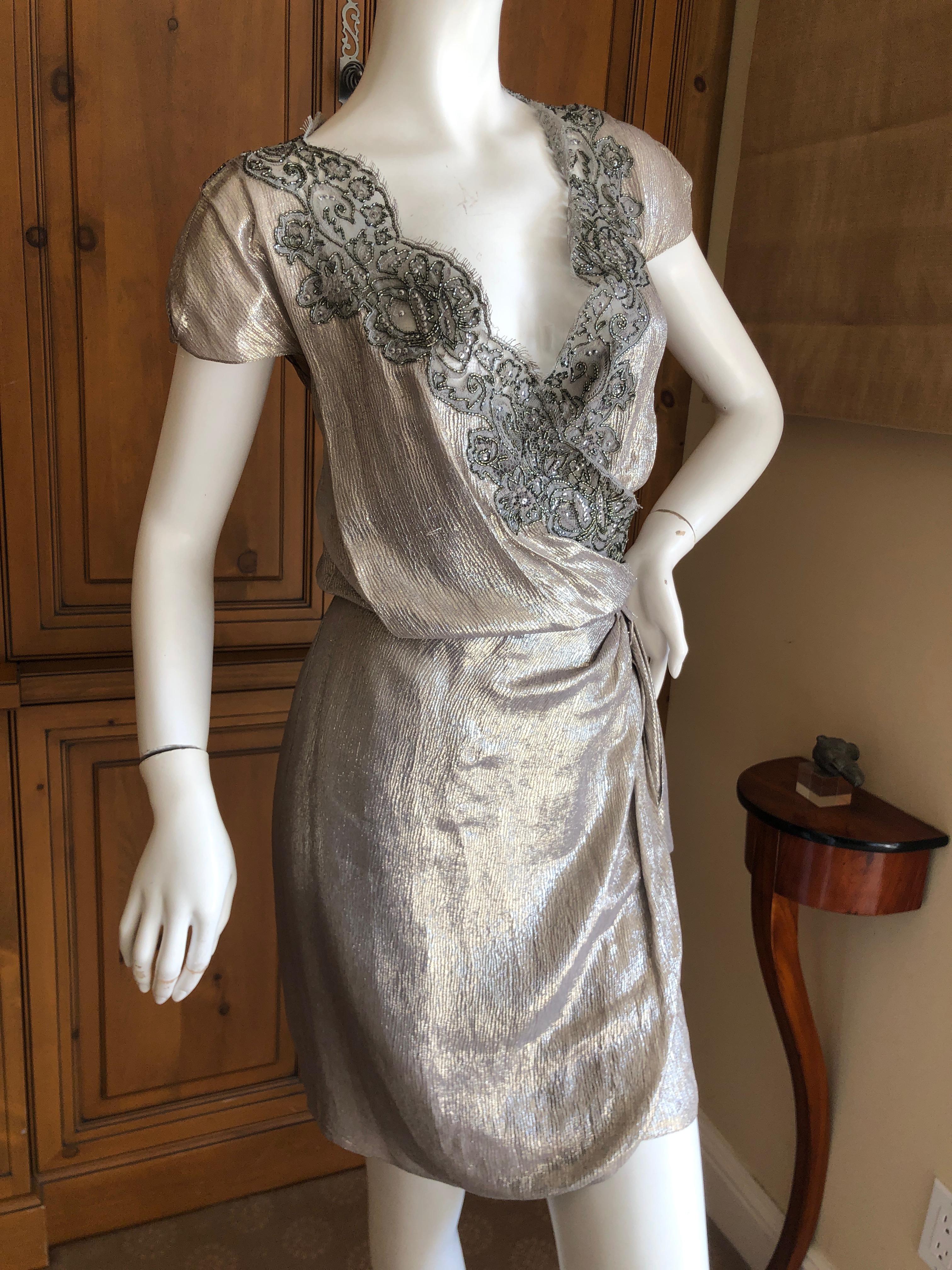  Christian Dior by Gianfranco Ferre Bead Embellished Metallic Wrap Dress  For Sale 2