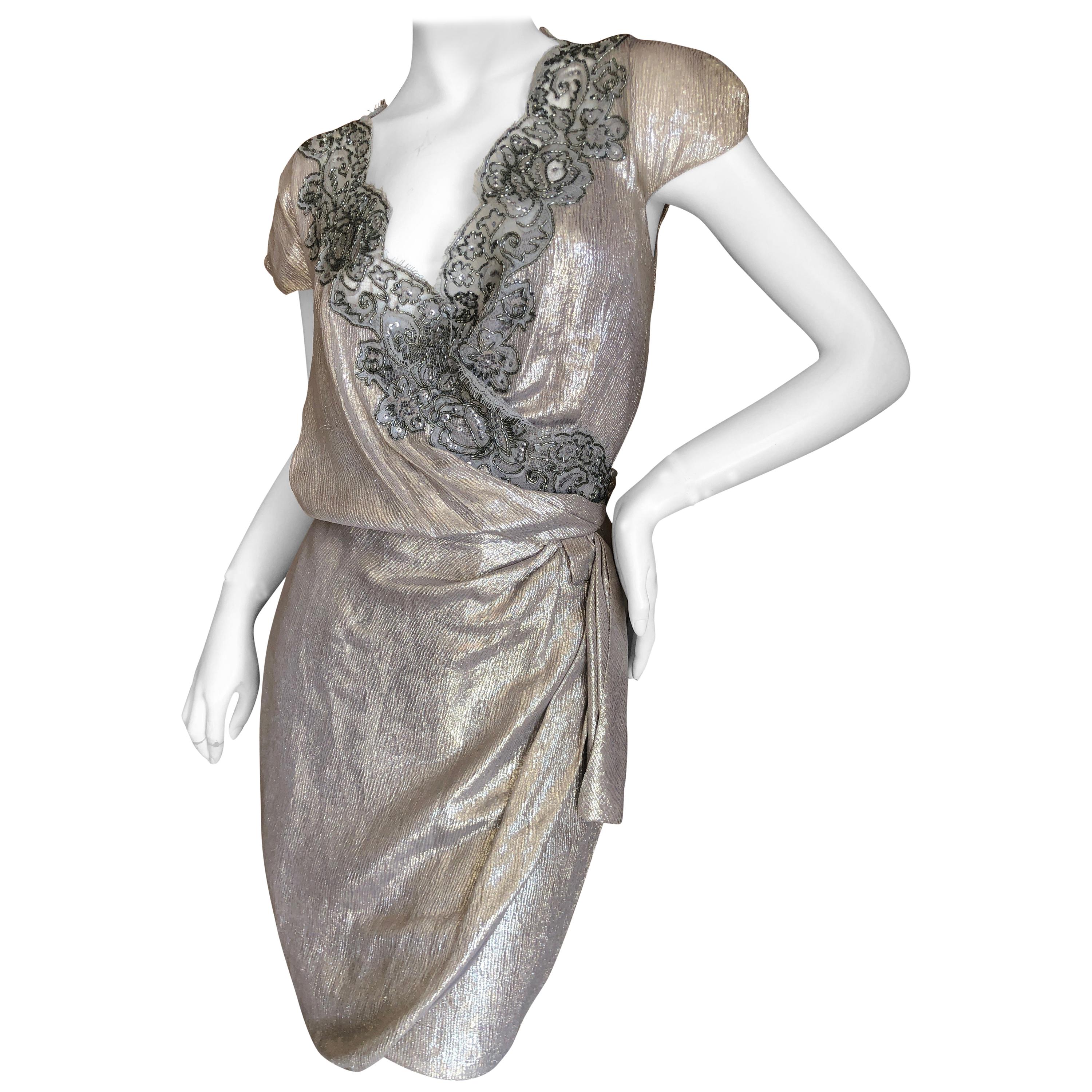  Christian Dior by Gianfranco Ferre Bead Embellished Metallic Wrap Dress  For Sale