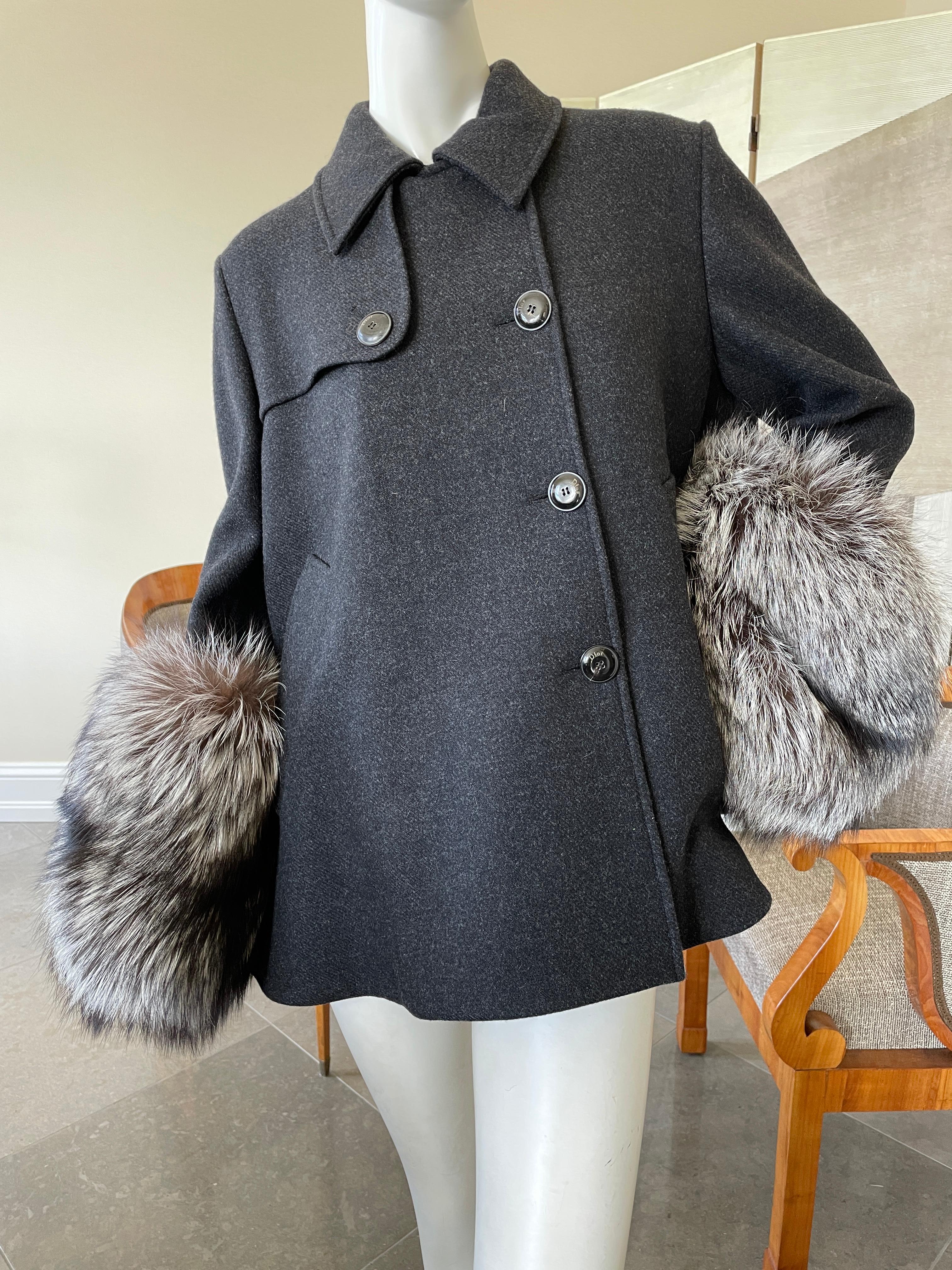 Christian Dior by Gianfranco Ferre Gray Peacoat with Extravagant Fox Fur Cuffs.
This is a very full swing style jacket. 
Size 40
Bust 42