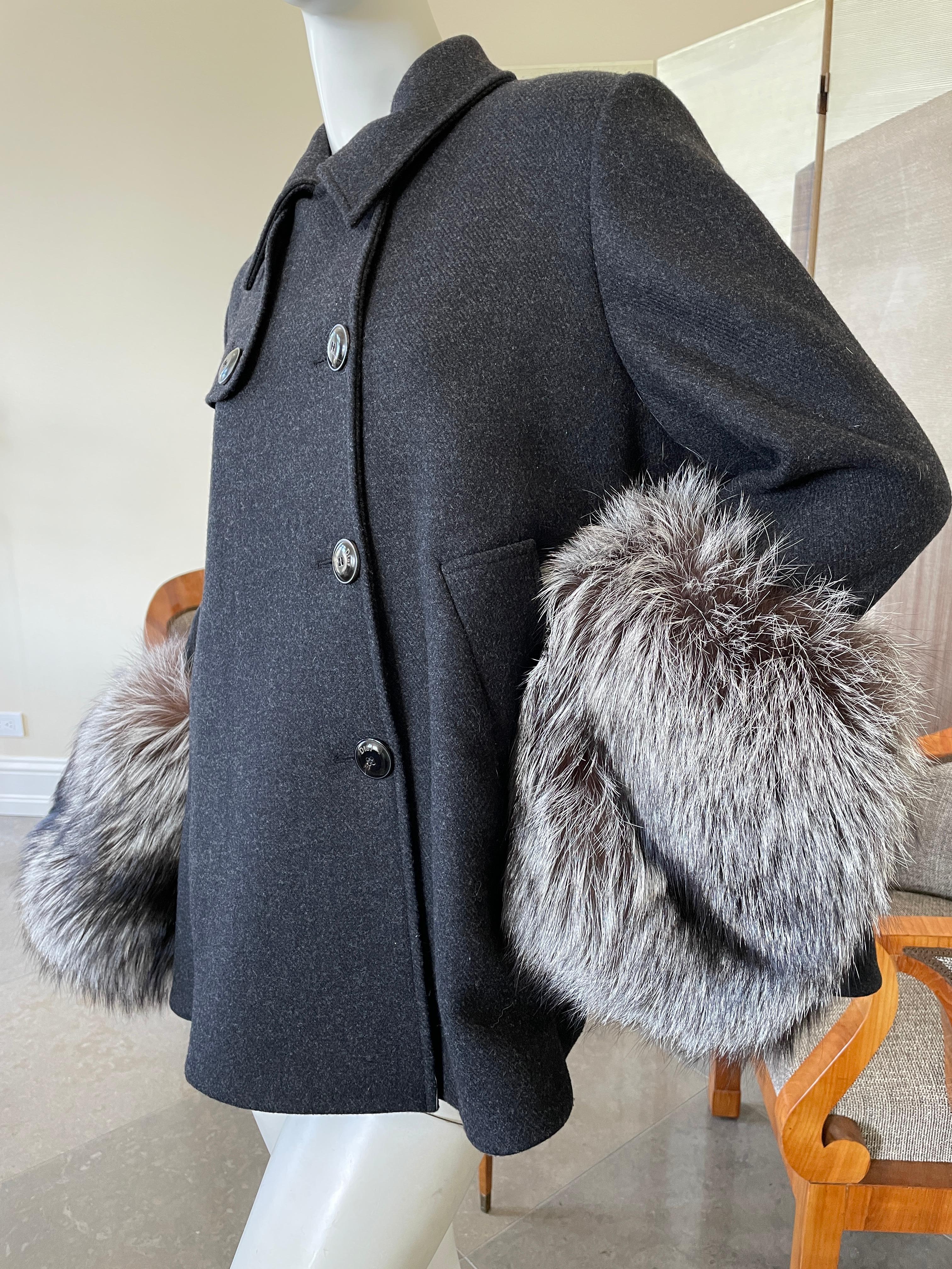 Christian Dior by Gianfranco Ferre Gray Peacoat with Fox Fur Cuffs In Excellent Condition For Sale In Cloverdale, CA