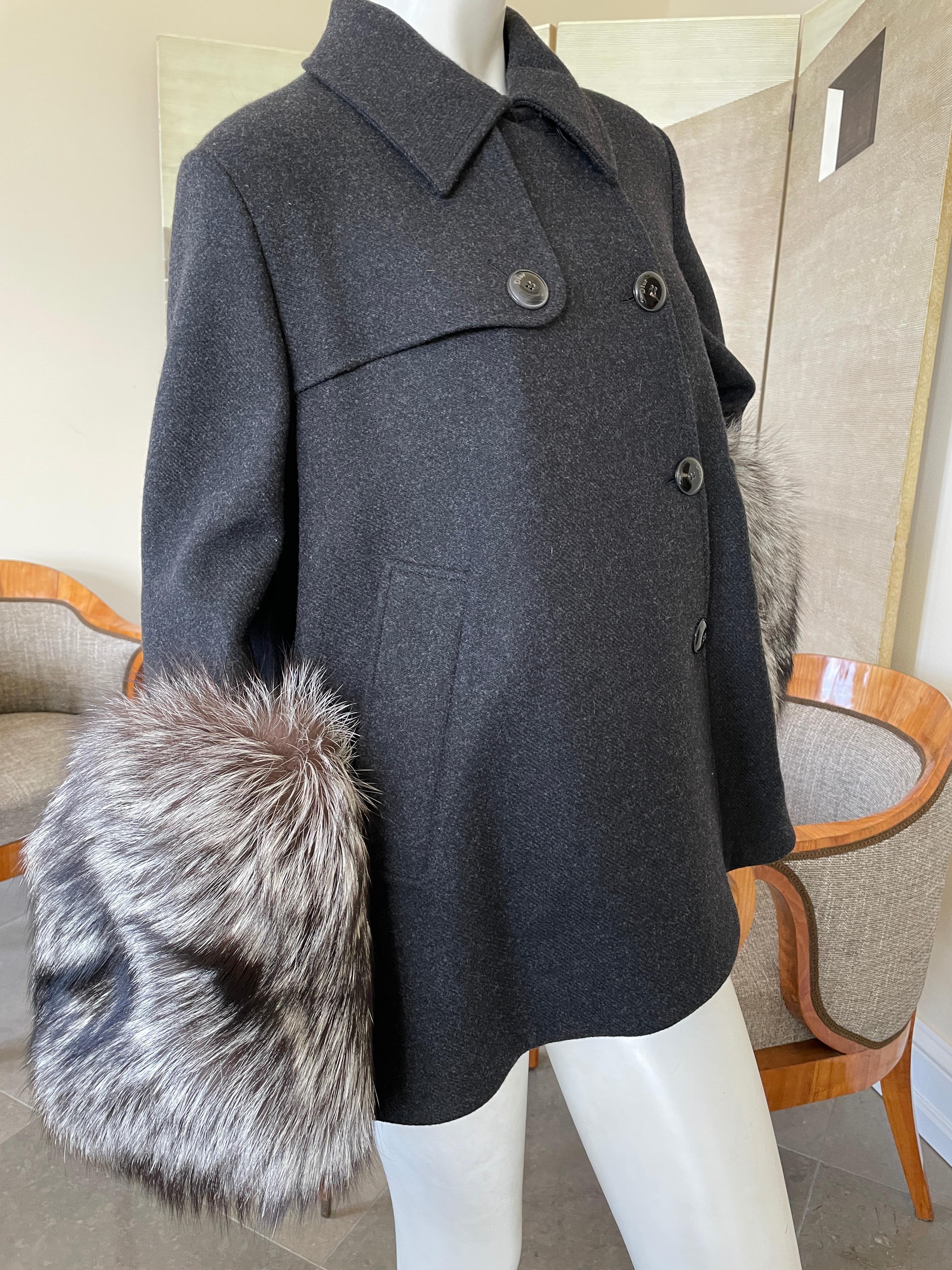 Women's Christian Dior by Gianfranco Ferre Gray Peacoat with Fox Fur Cuffs For Sale