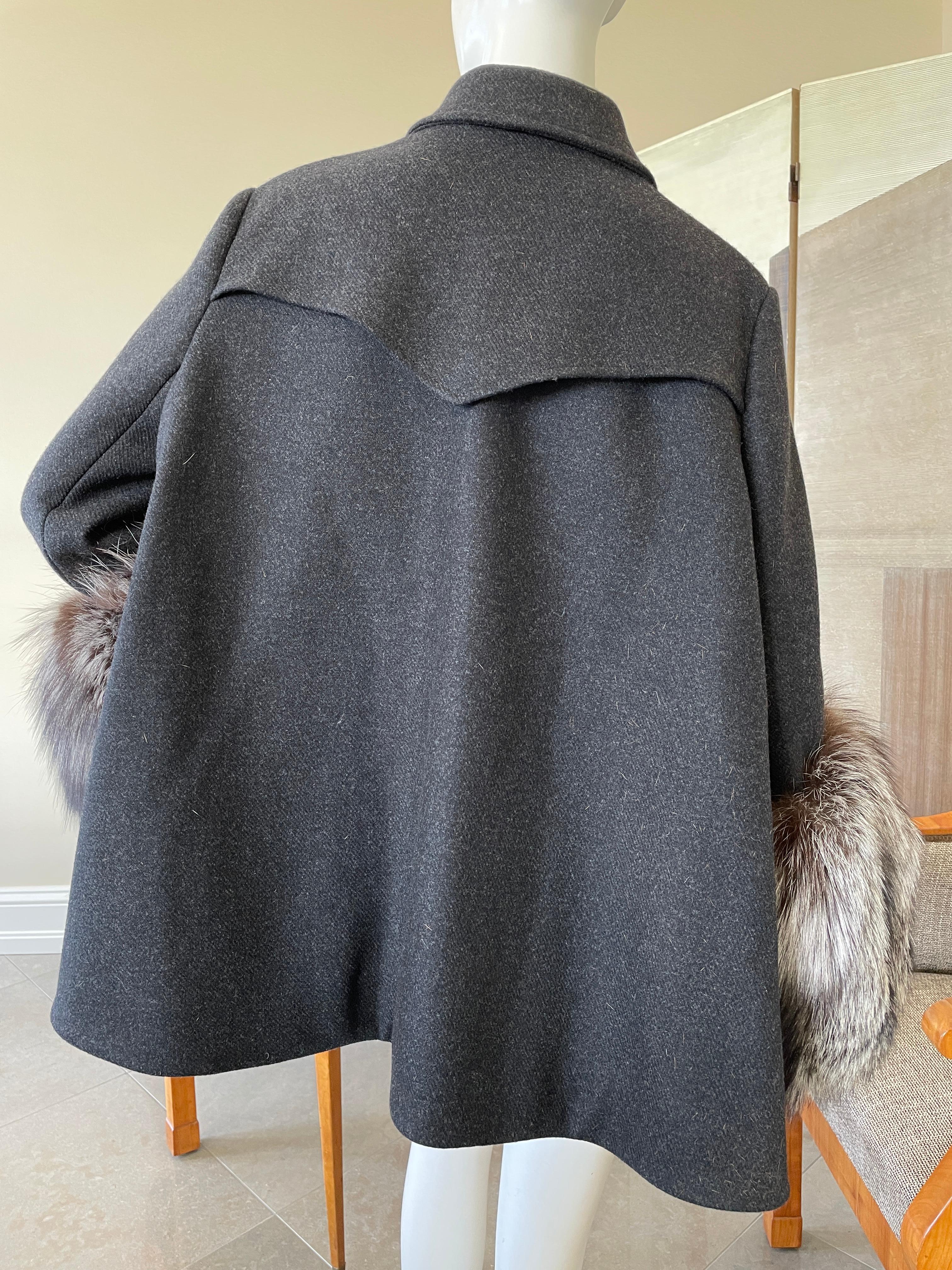 Christian Dior by Gianfranco Ferre Gray Peacoat with Fox Fur Cuffs For Sale 1